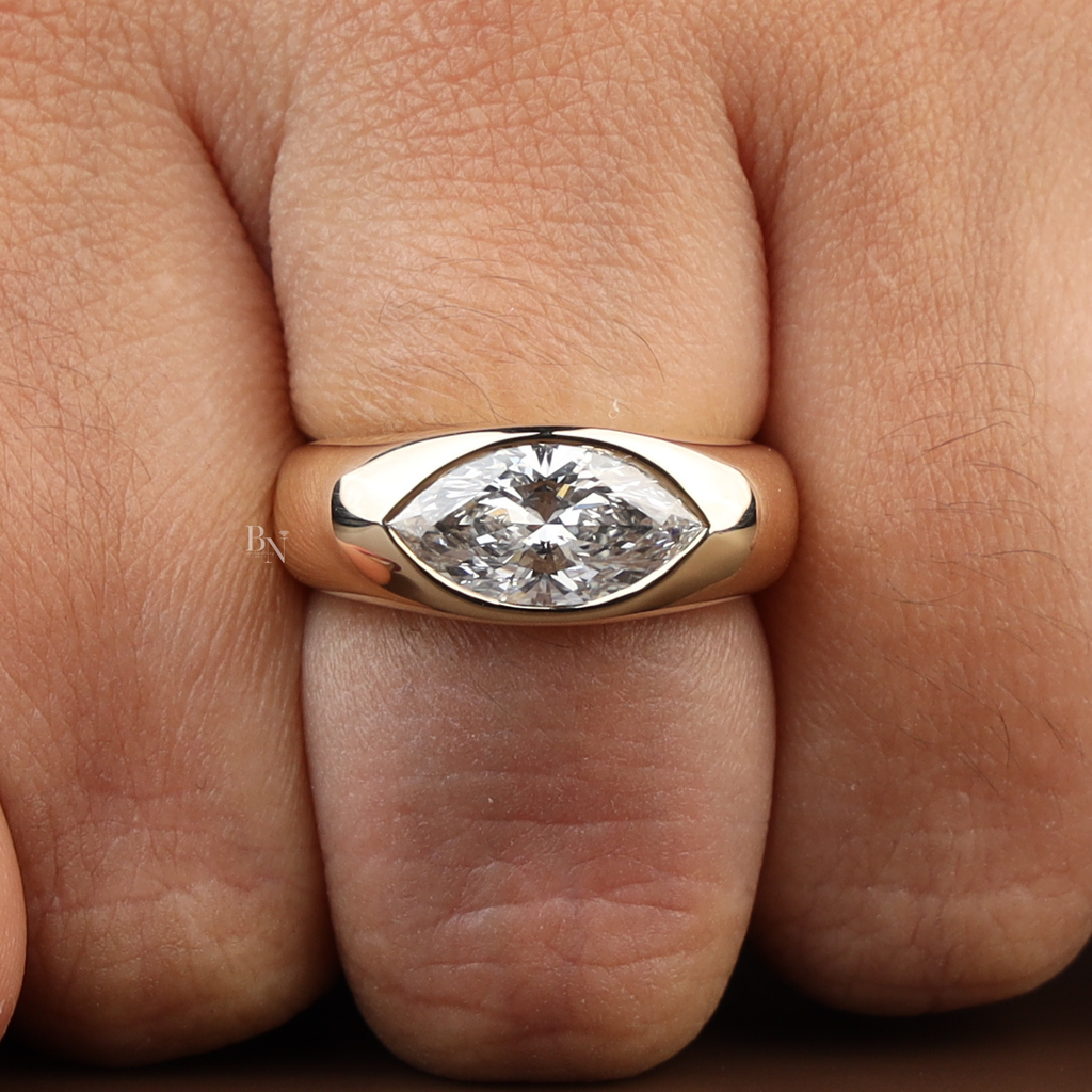 1.5ct Marquise Lab Grown Diamond Engagement Ring | Bezel Set East West Solitaire | 14K Yellow Gold Wide Band | IGI Certified |