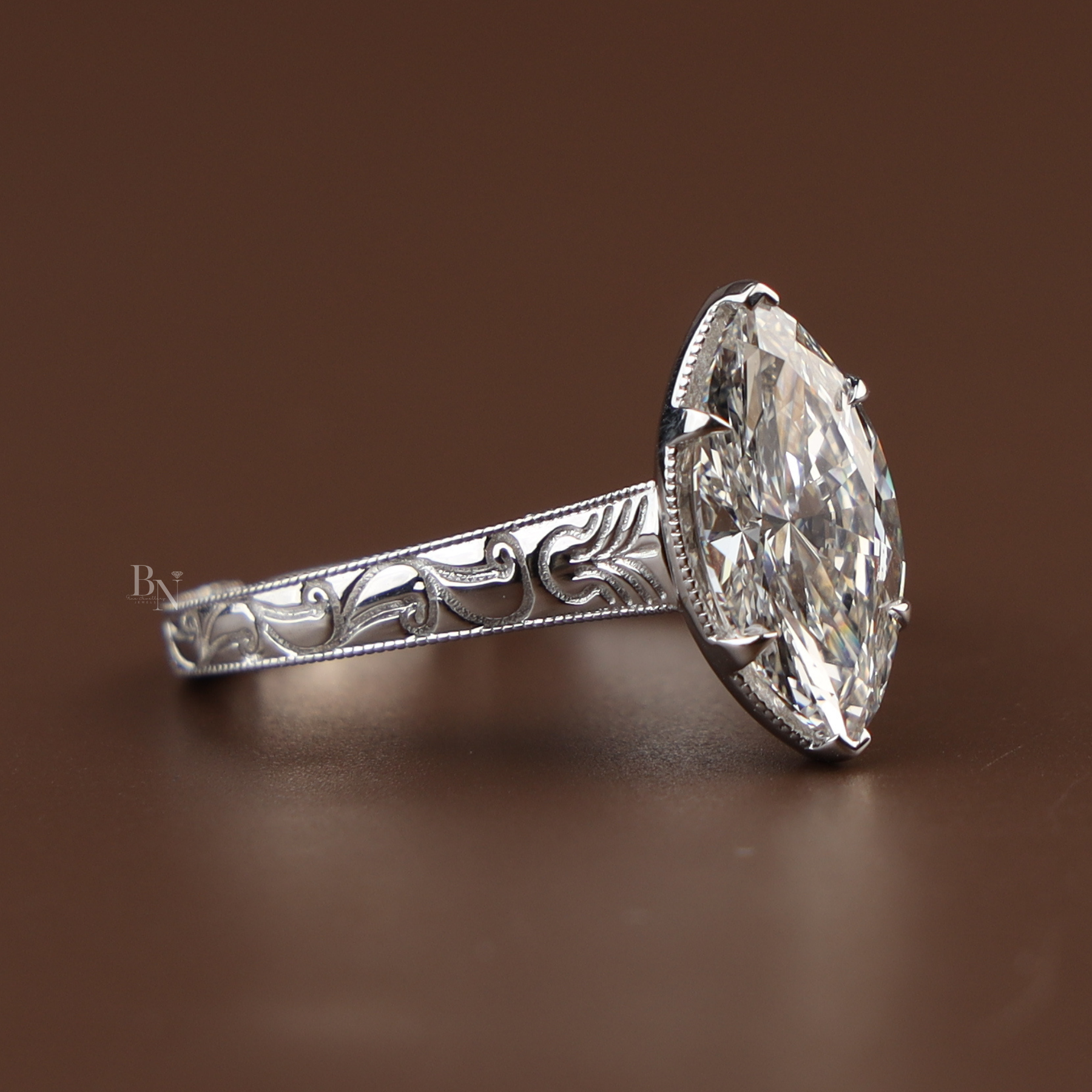3ct Marquise Lab Grown Diamond Engagement Ring | Vintage Art Deco Engraved Milgrain Band 14K Gold