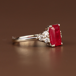 2ct Emerald Cut Red Lab Grown Diamond Engagement Ring | Hidden Halo Triple Cluster 14K Yellow Gold
