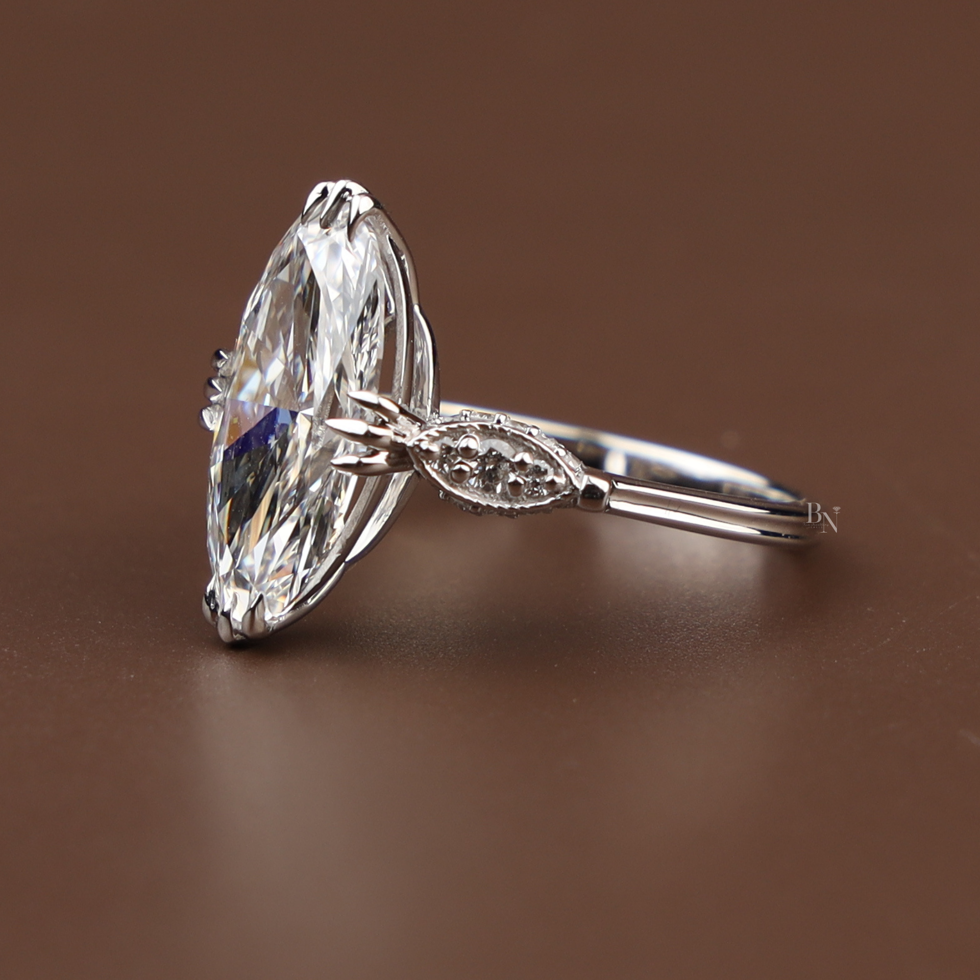 3ct Moval Cut Lab Grown Diamond Engagement Ring | 14K White Gold Vintage Solitaire | Milgrain Navette Band| Art Deco Promise