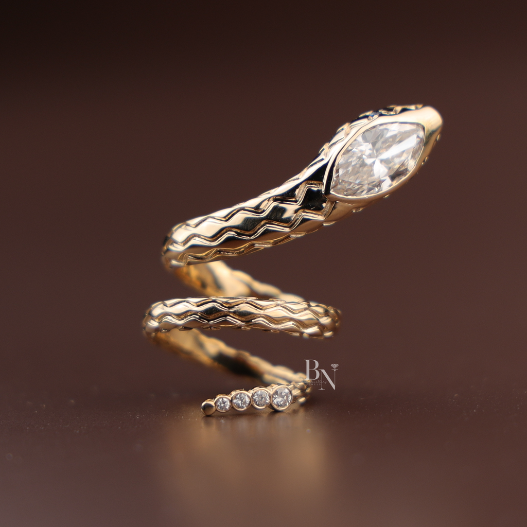 1ct Marquise Lab Diamond Snake Ring , 14K Yellow Gold Serpent Wrap Ring , Symbolic Animal Engagement Ring