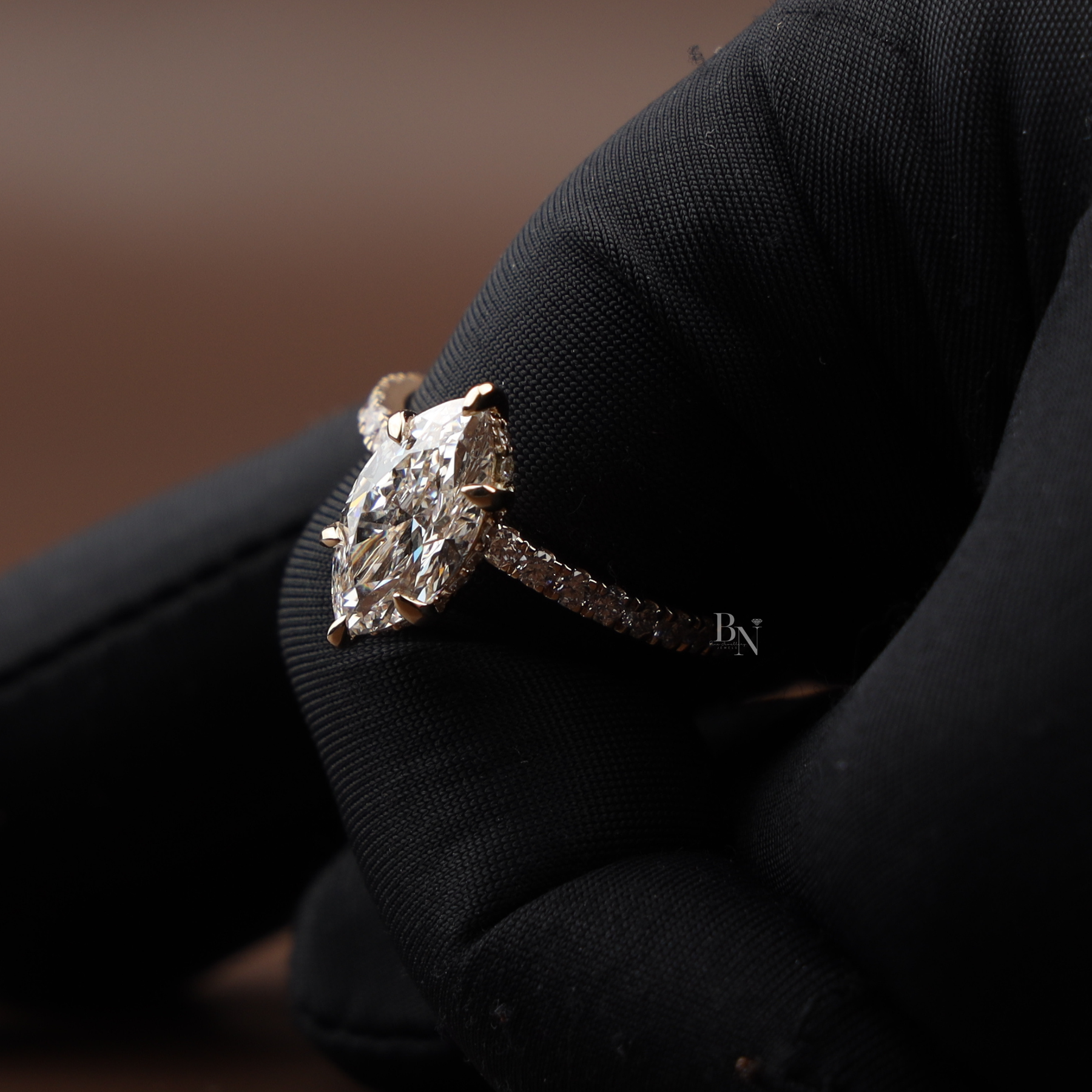 3ct Marquise Lab Grown Diamond Engagement Ring | Hidden Halo Pavé Bridal Ring 14K Yellow Gold