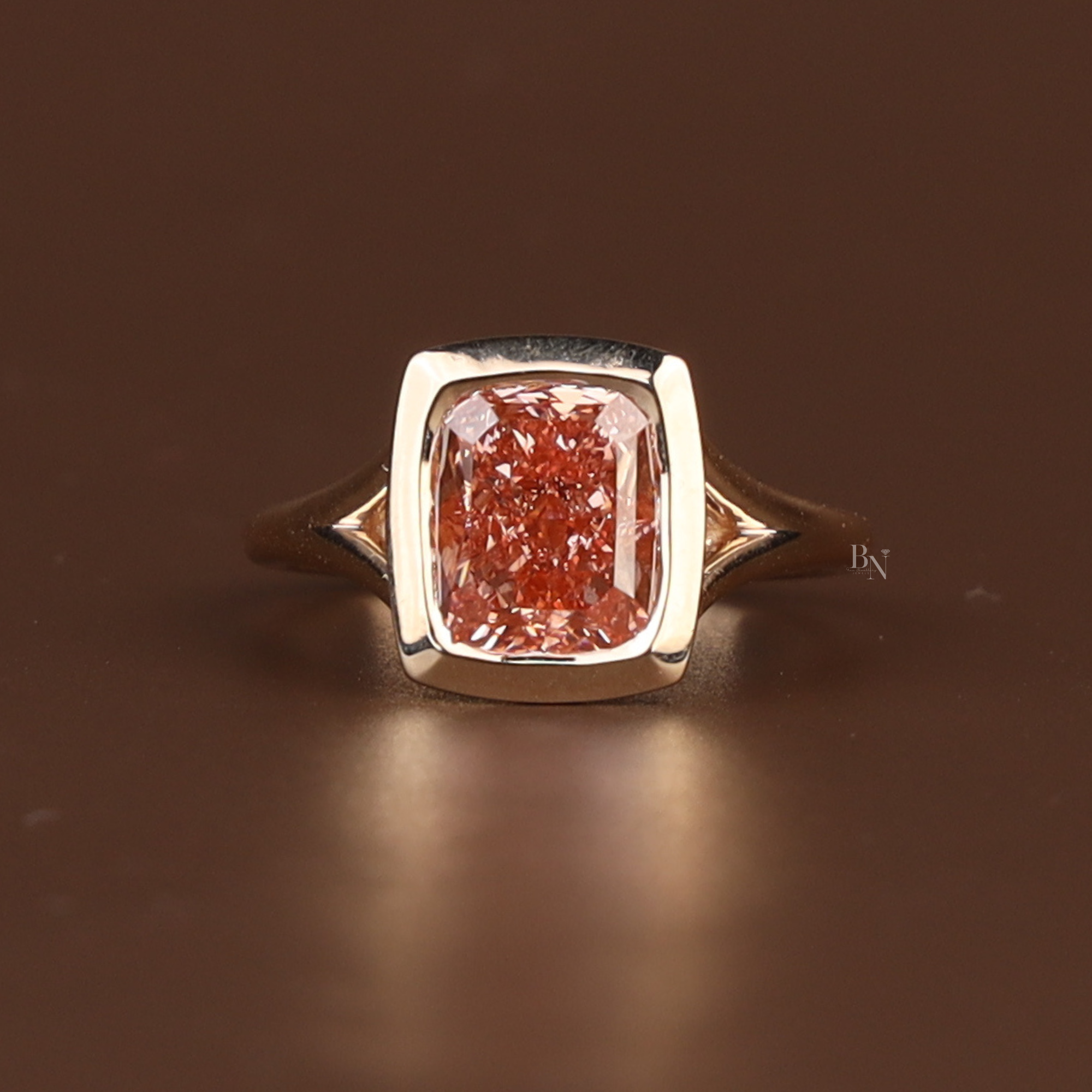 3ct Cushion Cut Fancy Pink Lab Grown Diamond Engagement Ring | 14K Solid Gold Bezel Set Solitaire | Split Shank Cathedral Bridal Ring | IGI