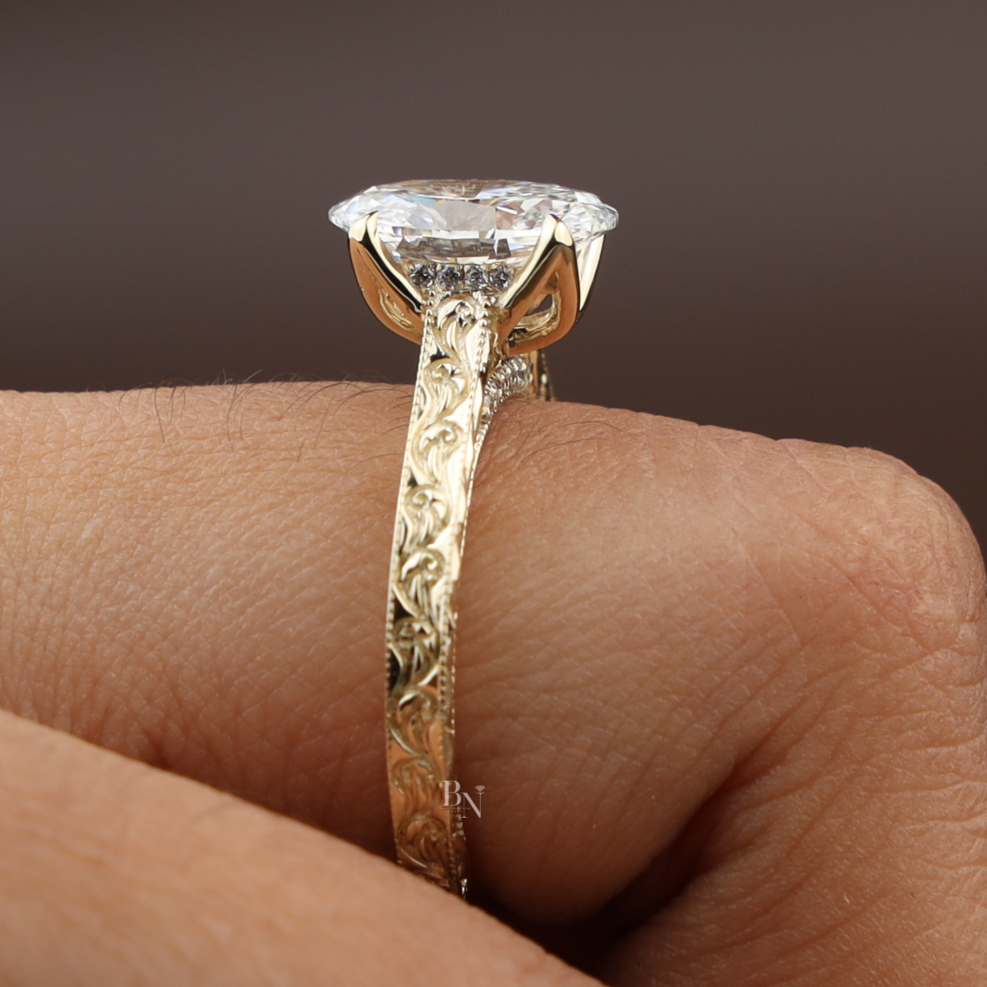 2ct Oval Lab Grown Diamond Engagement Ring | 14K Yellow Gold Vintage Hand Engraved Band | Hidden Halo Solitaire | Filigree Bridal Jewelry