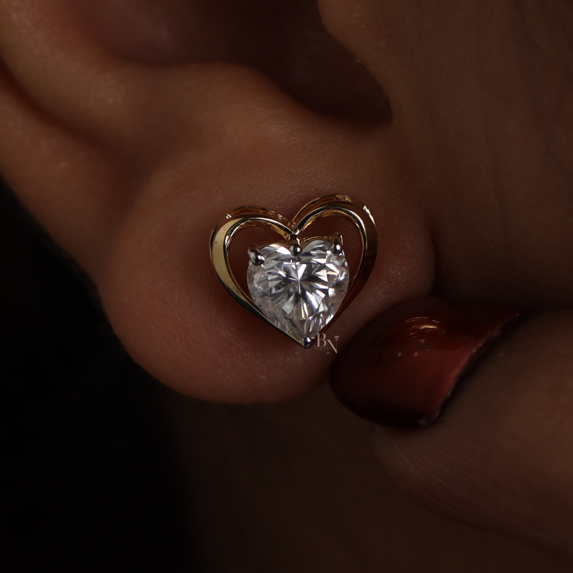 2ctw Heart Cut Lab Diamond Stud Earrings | Romantic Gold Heart Frame Studs | Ethical Fine Jewelry | Luxury Anniversary Gift |