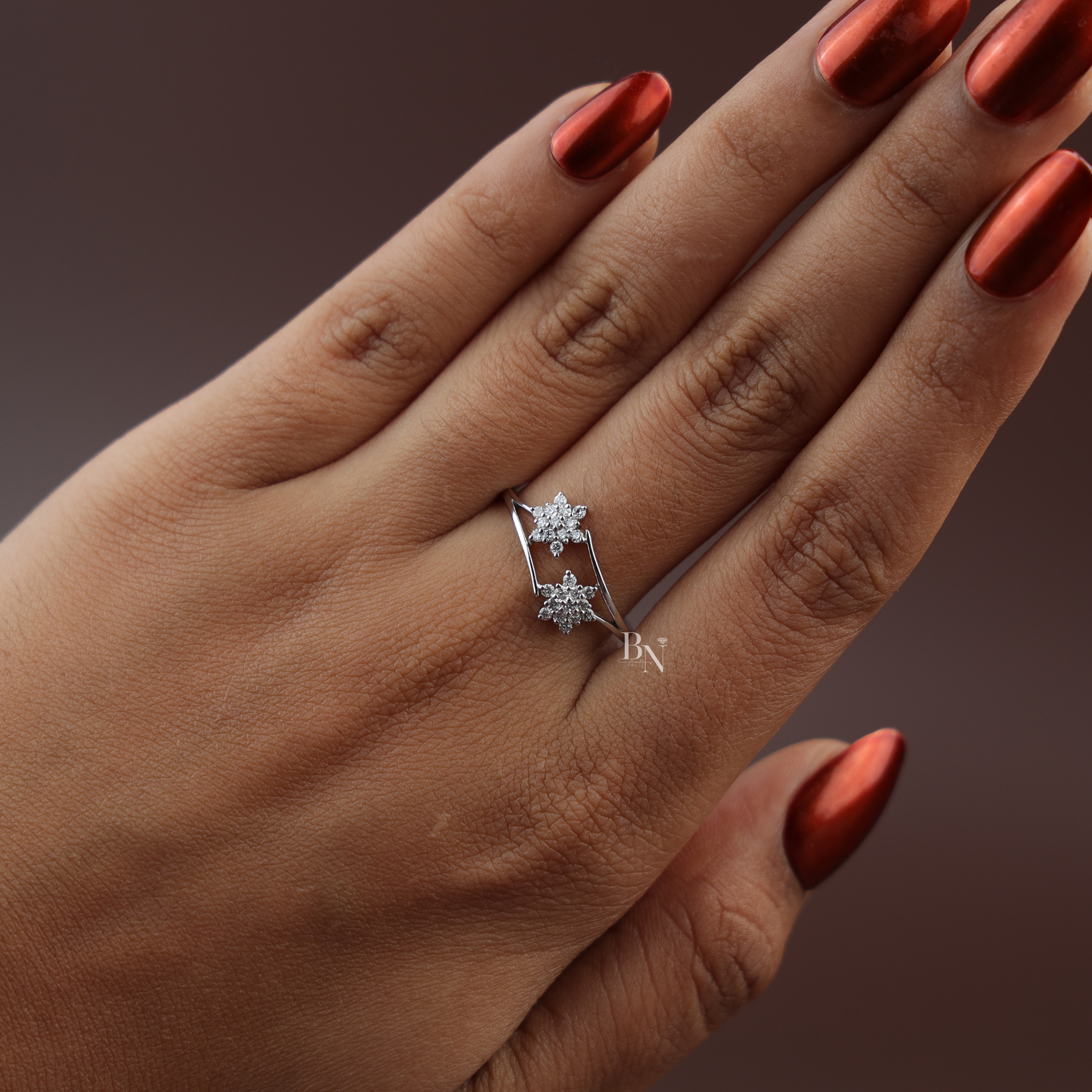 Lab Grown Diamond Open Bypass Ring | Star Cluster Floral Wrap Dainty Stacking 14K White Gold