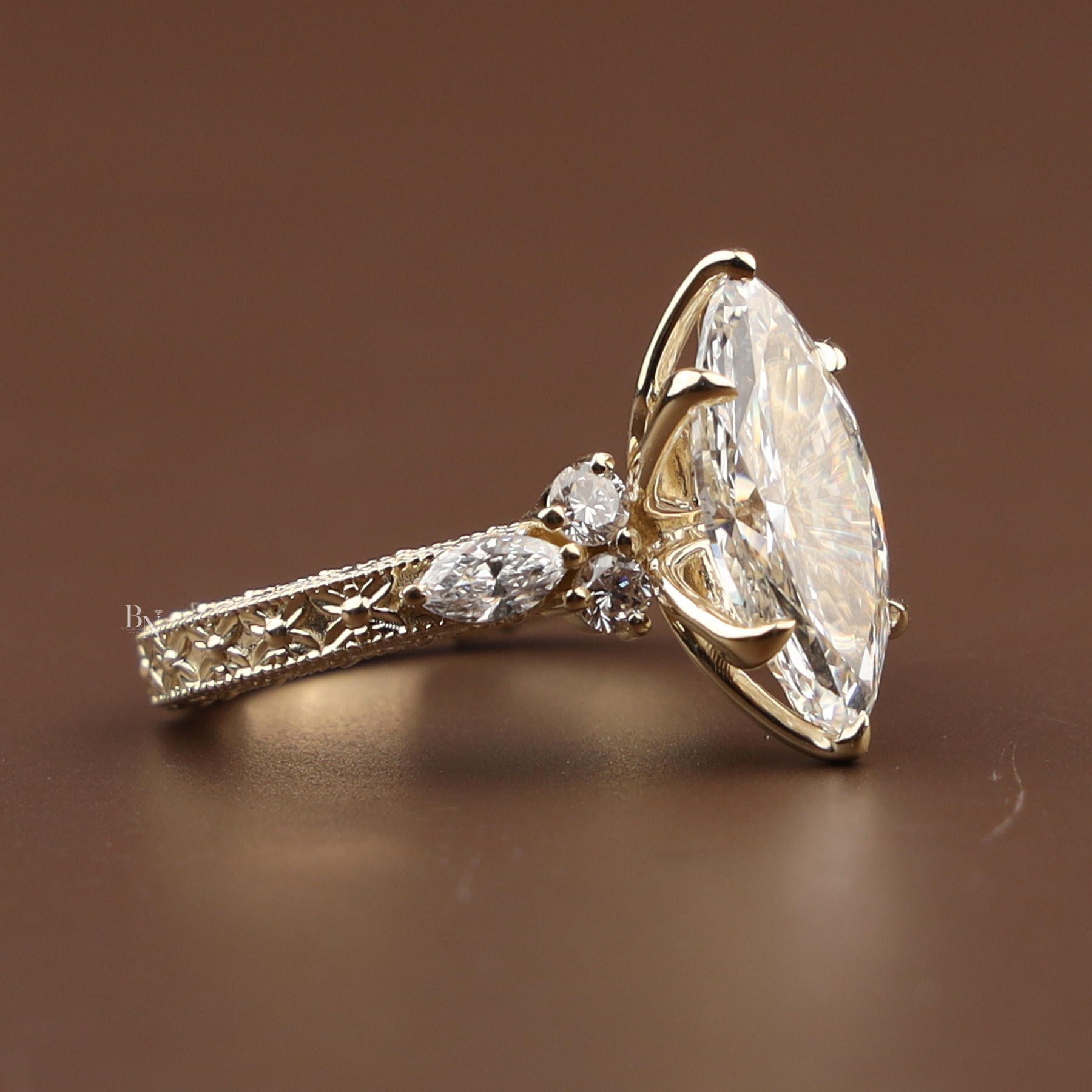 3ct Marquise Lab Grown Diamond Engagement Ring | Vintage Filigree Lotus Antique Bridal 14K Gold