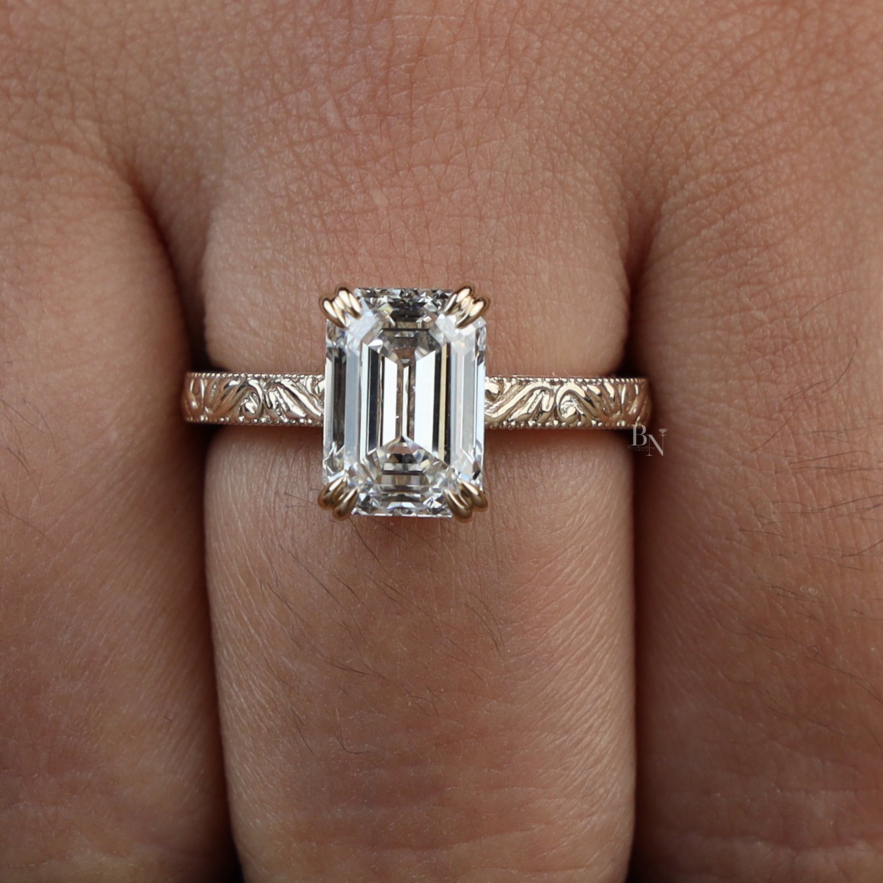 3ct Emerald Cut Lab Grown Diamond Engagement Ring | Vintage Engraved Art Deco Solitaire 14K Gold