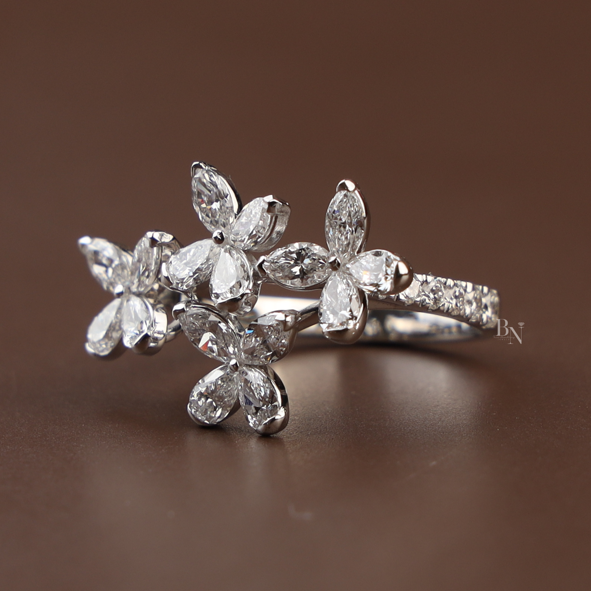 2ctw Butterfly Lab Grown Diamond Ring | Marquise Cut Cluster Bypass Band | 14K White Gold Floral Engagement Ring |