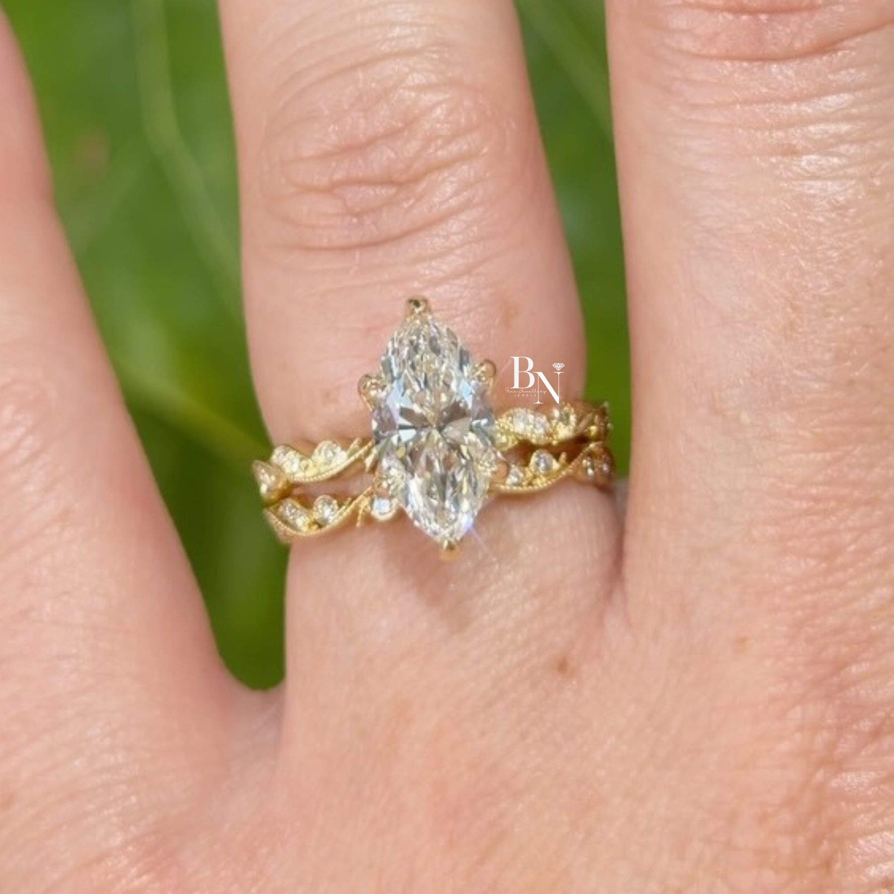 3ct Marquise Lab Grown Diamond Engagement Ring | Vintage Vine Wedding Band Solitaire 14K Yellow Gold