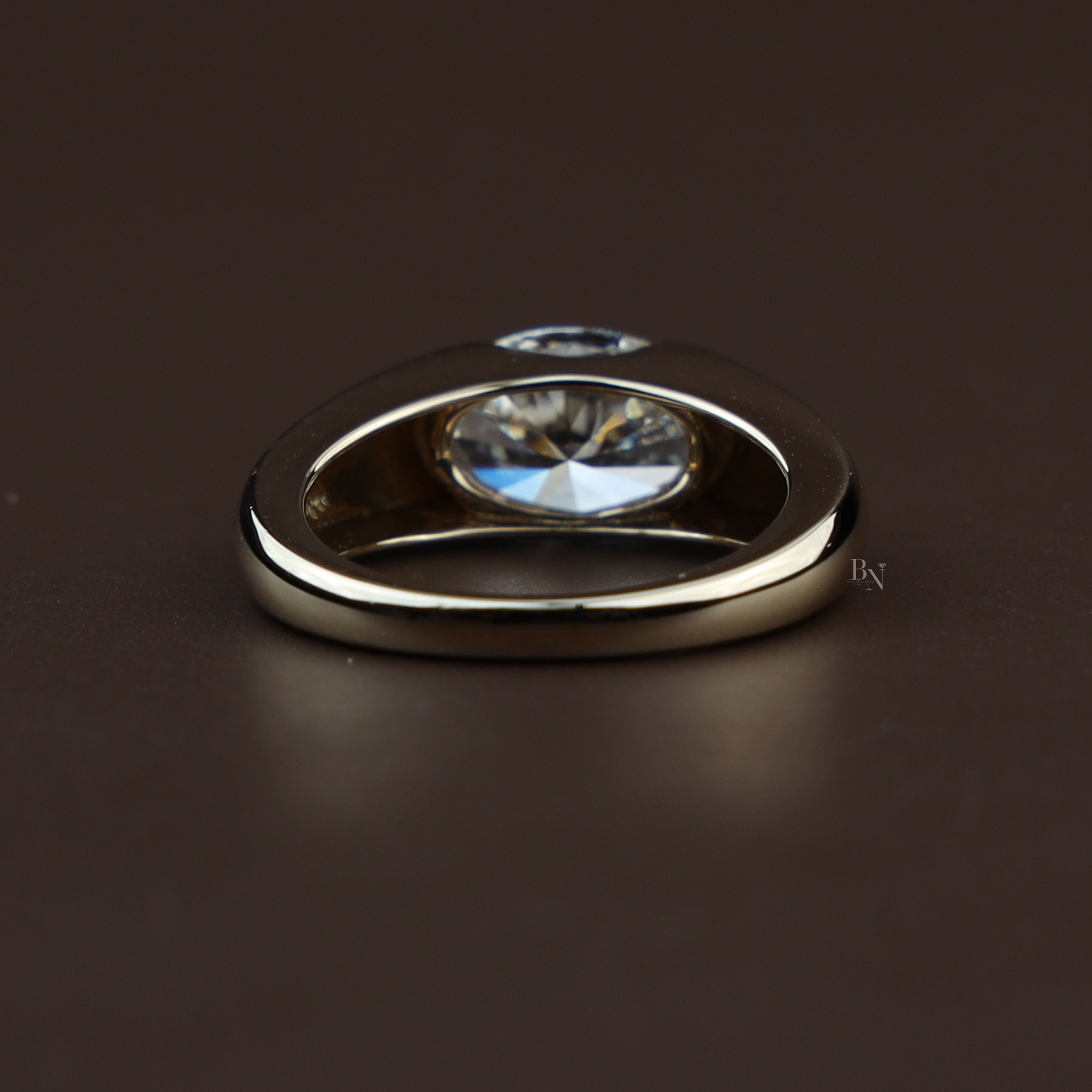 2.5ct East West Oval Lab Grown Diamond Engagement Ring | 14K Yellow Gold Half Bezel Signet Ring | IGI Certified Diamond | Modern Band