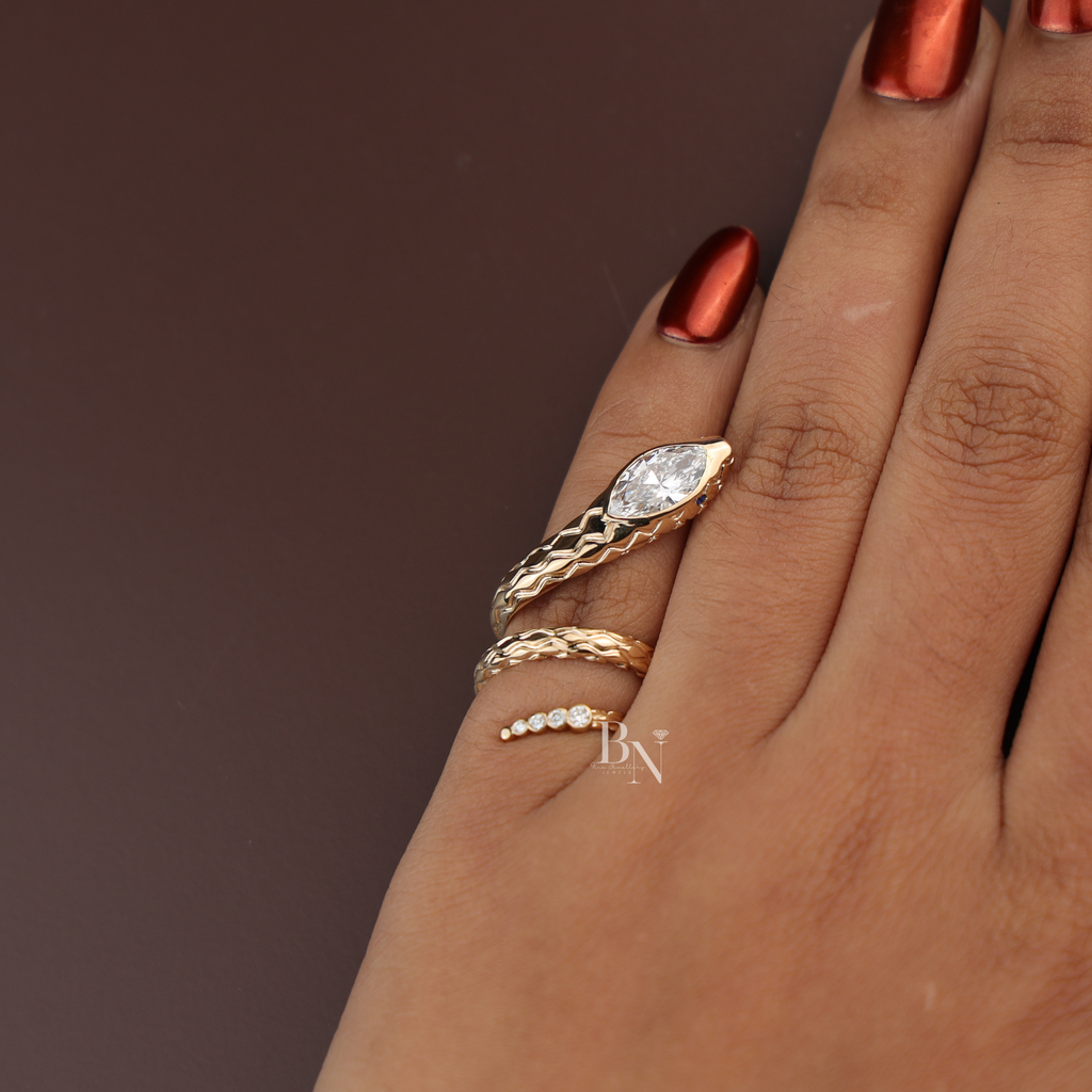 1ct Marquise Lab Diamond Snake Ring , 14K Yellow Gold Serpent Wrap Ring , Symbolic Animal Engagement Ring