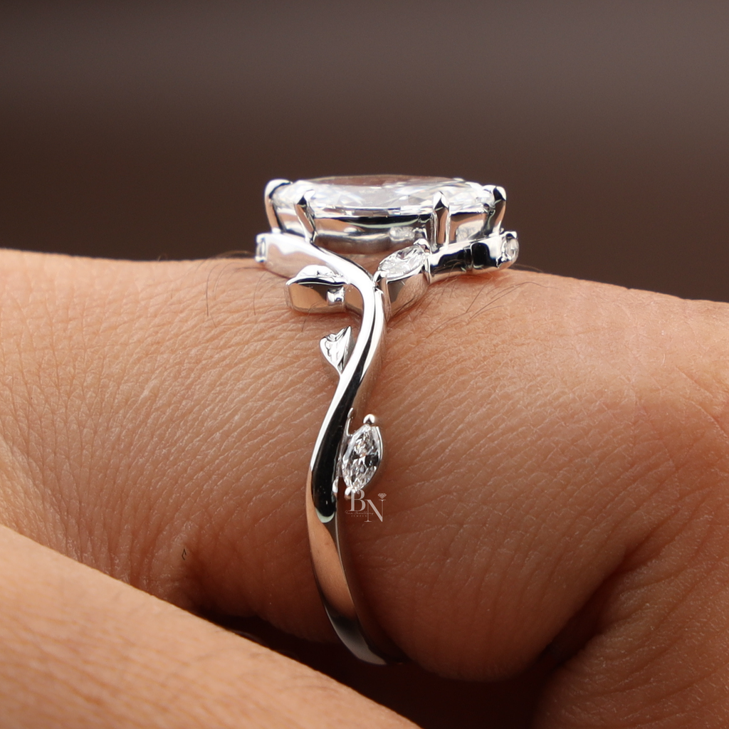 1ct Marquise Lab Diamond Engagement Ring | Nature Vine Leaf Setting | 14k White Gold Bridal Ring | Marquise Cut Anniversary Gift for Her