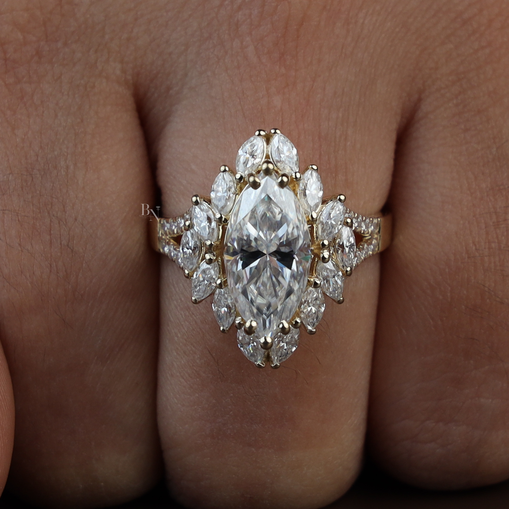 3ct Marquise Lab Diamond Engagement Ring | Marquise Cluster Halo Setting | Split Shank Gold Band | Unique Luxury Wedding Jewelry |
