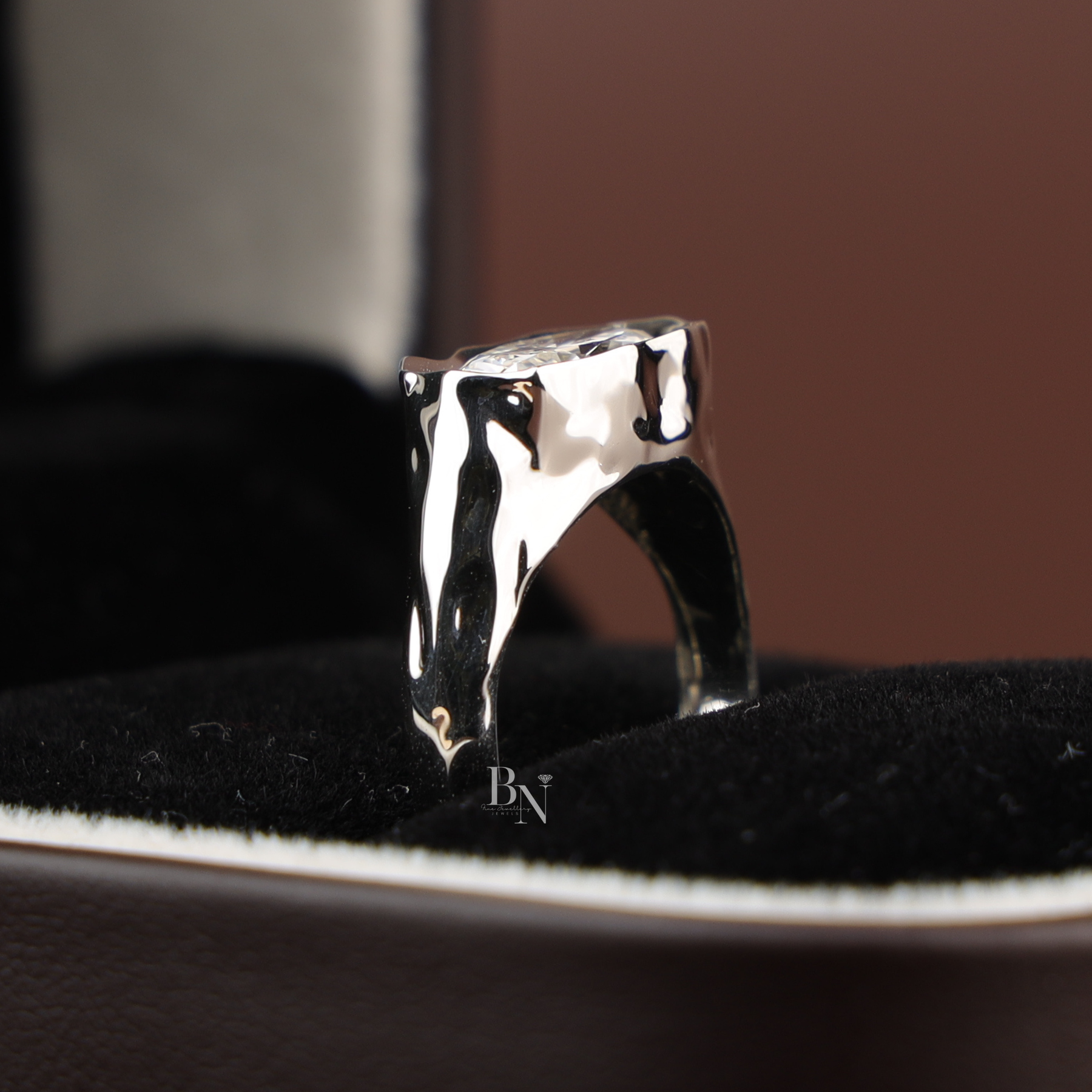 3ct Oval Lab Grown Diamond Engagement Ring | Molten Bezel Heavy Signet Asymmetric 14K Platinum