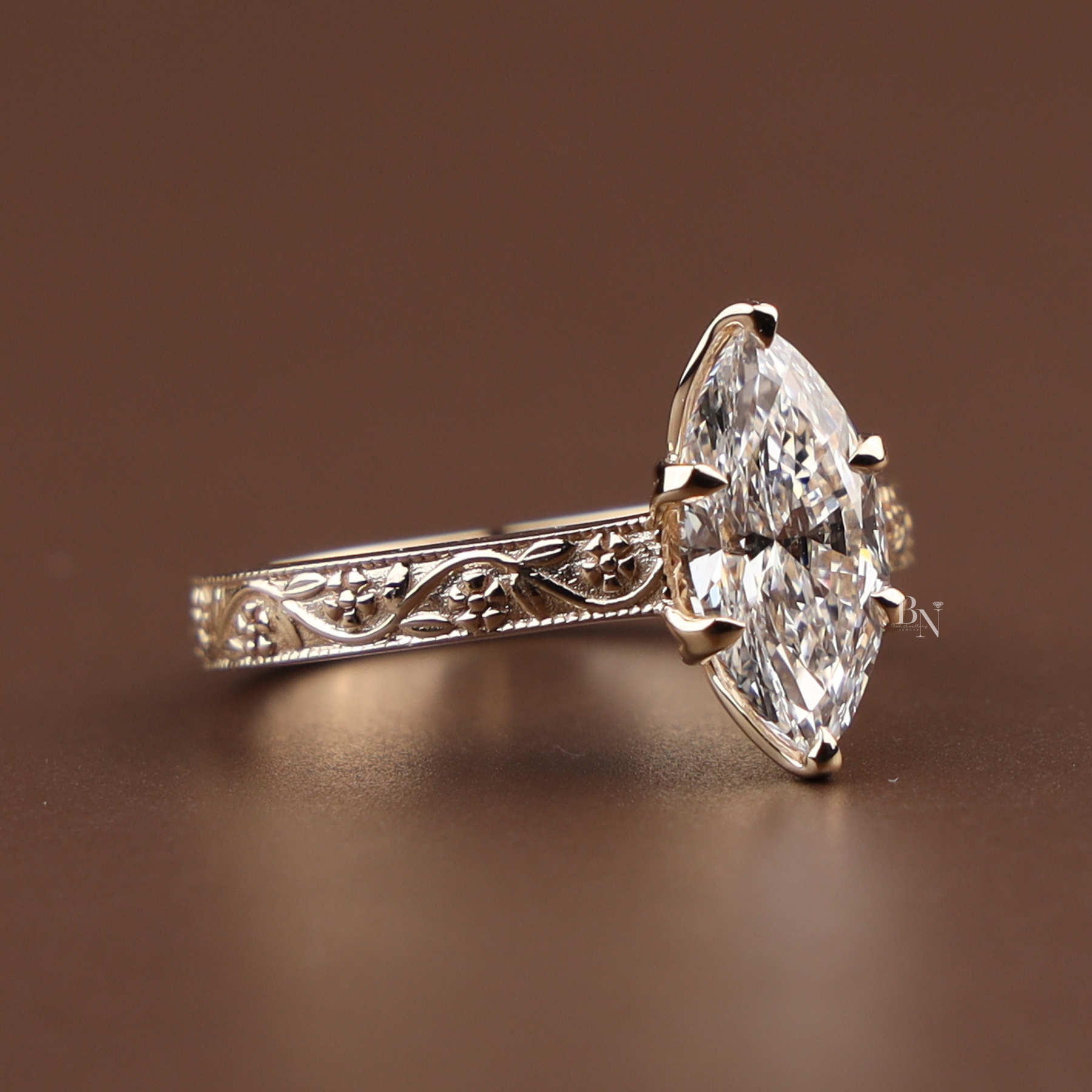 2ct Marquise Lab Grown Diamond Engagement Ring | Vintage Engraved Art Deco Solitaire 14K Gold