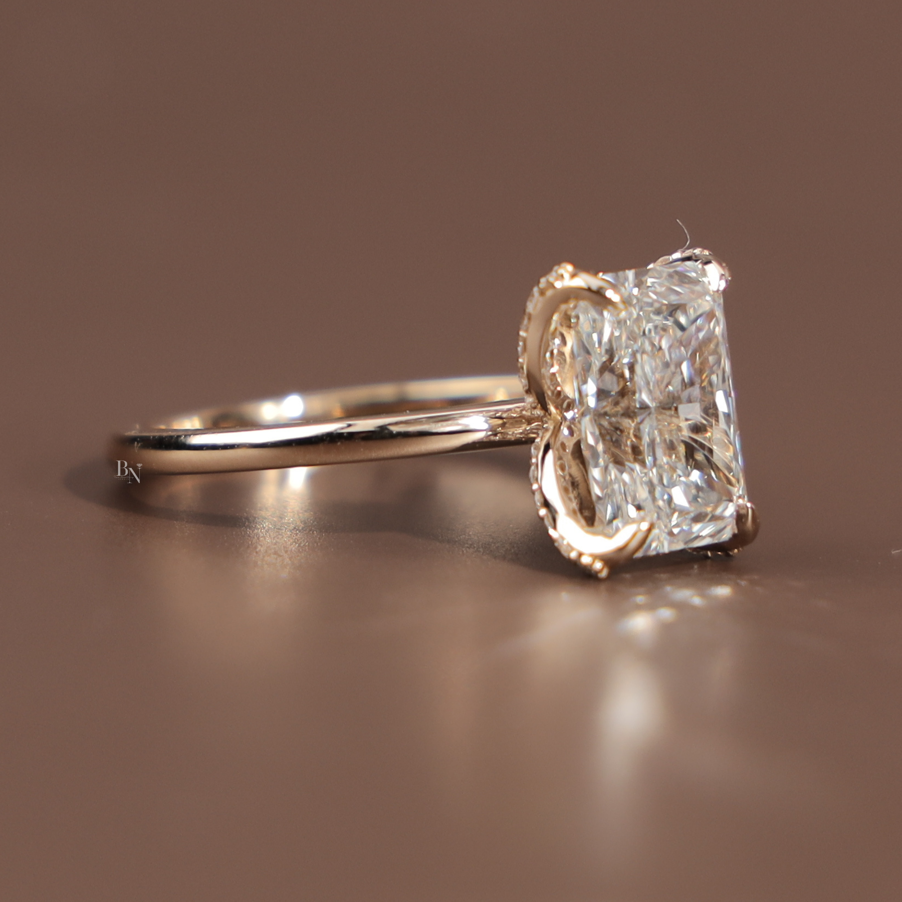 3.5ct Radiant Cut Lab Grown Diamond Engagement Ring | Hidden Halo Pavé Bridge 14K Yellow Gold