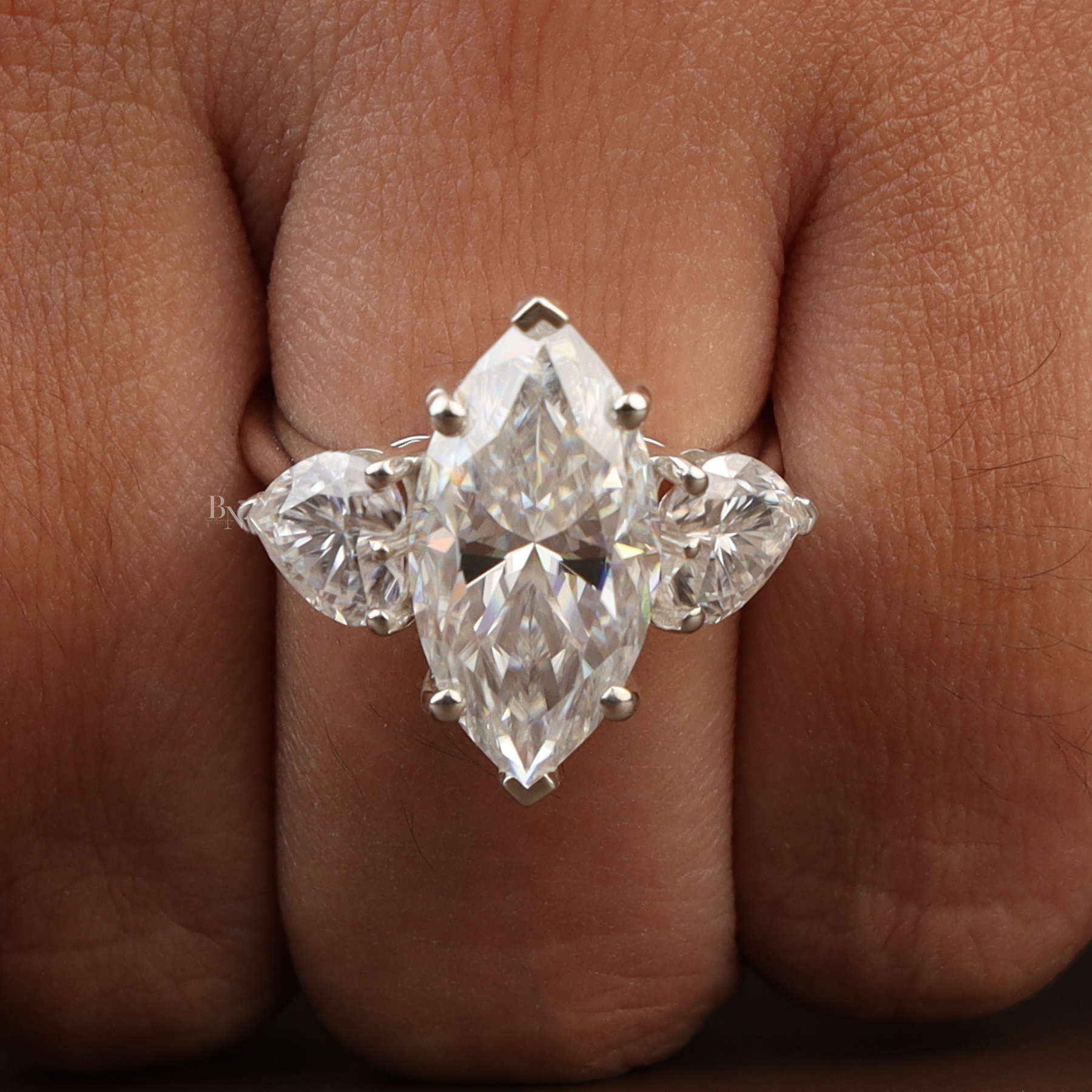 5.50ct Marquise Lab Grown Diamond Engagement Ring | Heart Side Stones Three Stone 14K White Gold