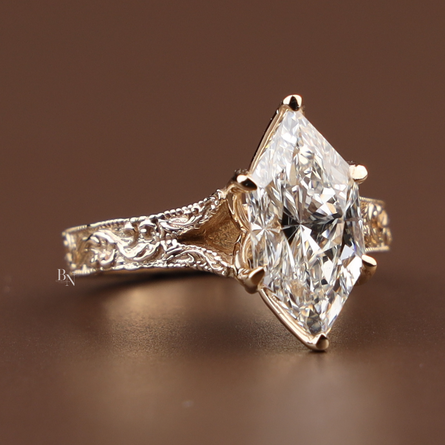 3ct Dutch Marquise Lab Grown Diamond Engagement Ring | Vintage Engraved Band 14K Yellow Gold