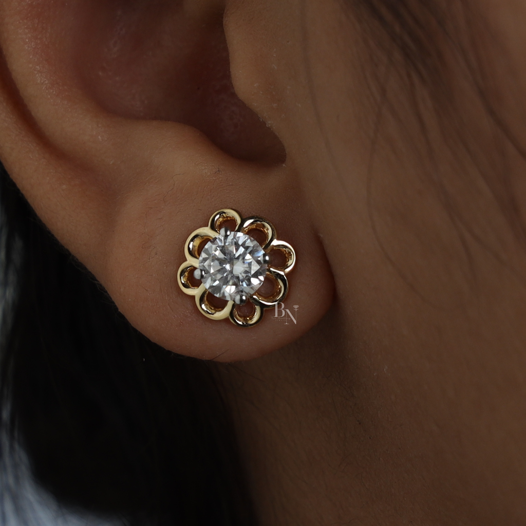 2ctw Round Lab Diamond Stud Earrings | Floral Gold Flower Studs | Ethical Diamond Fine Jewelry | Anniversary Gift for Her | Luxury Earrings