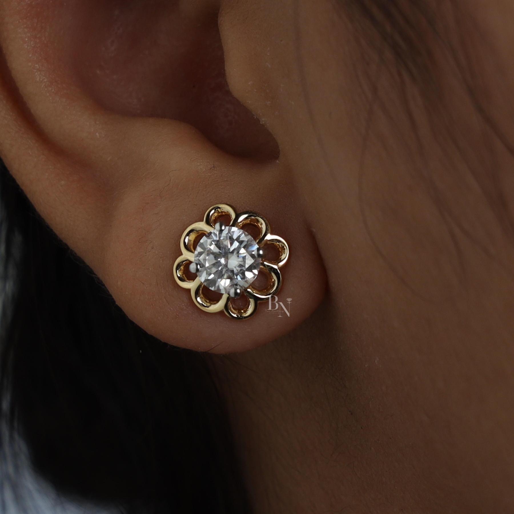 2ctw Round Lab Grown Diamond Stud Earrings | Floral Gold Flower Studs 14K Gold