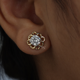 2ctw Round Lab Grown Diamond Stud Earrings | Floral Gold Flower Studs 14K Gold