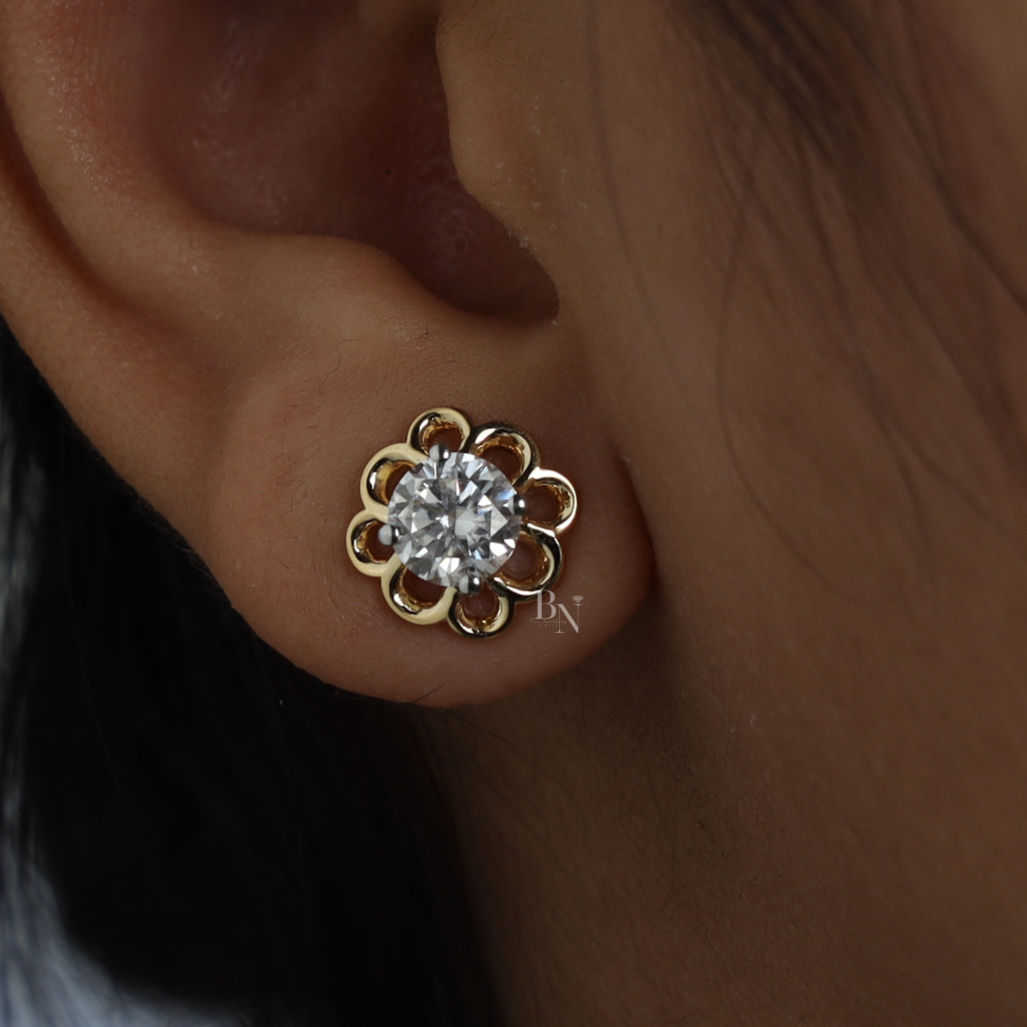 2ctw Round Lab Diamond Stud Earrings | Floral Gold Flower Studs | Ethical Diamond Fine Jewelry | Anniversary Gift for Her | Luxury Earrings