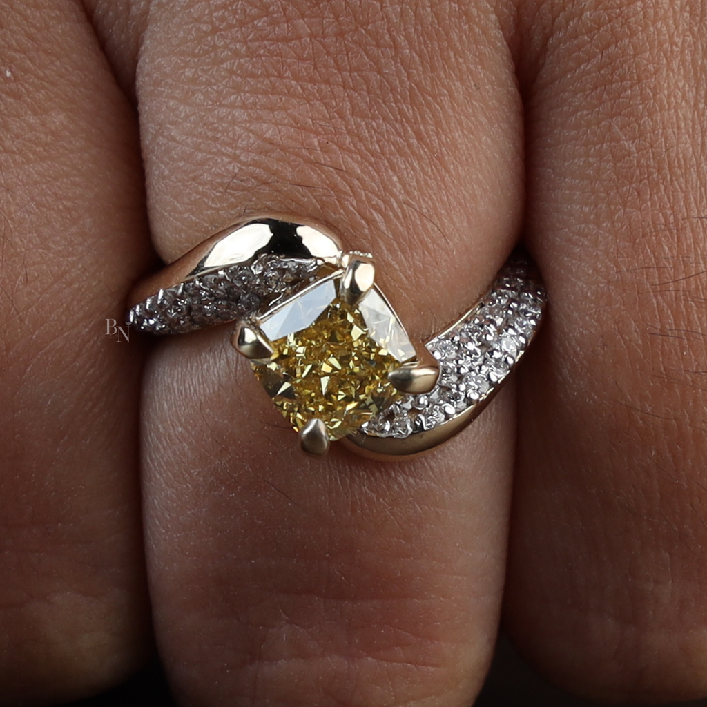 2ct Cushion Cut Fancy Yellow Lab Grown Diamond Engagement Ring | 14K Yellow Gold | Bypass Pavé Band | IGI Certified |