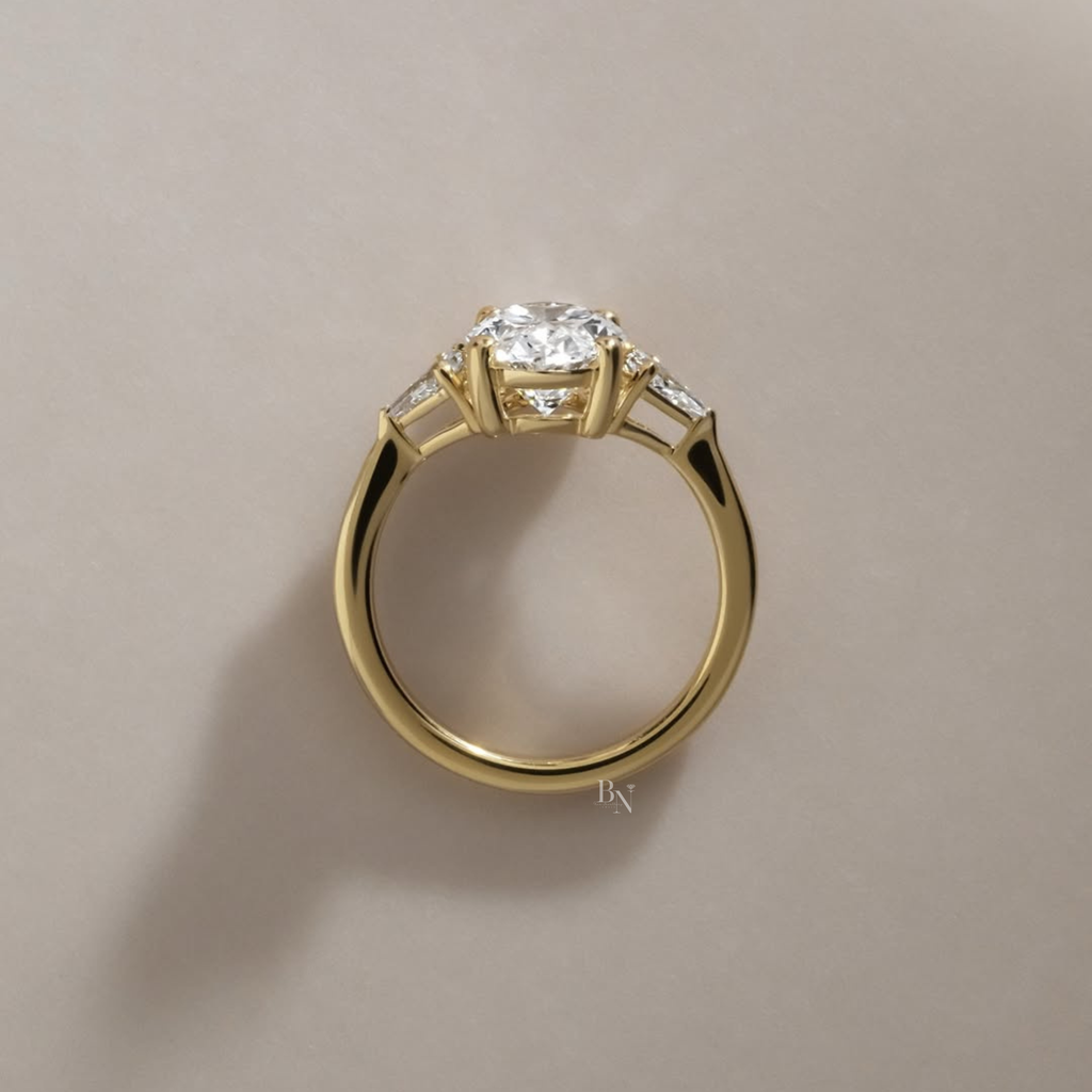 2.5ct Oval Lab Grown Diamond Engagement Ring | 14K Yellow Gold | Pear Side Stones | Three Stone Bridal Ring | (Copy)