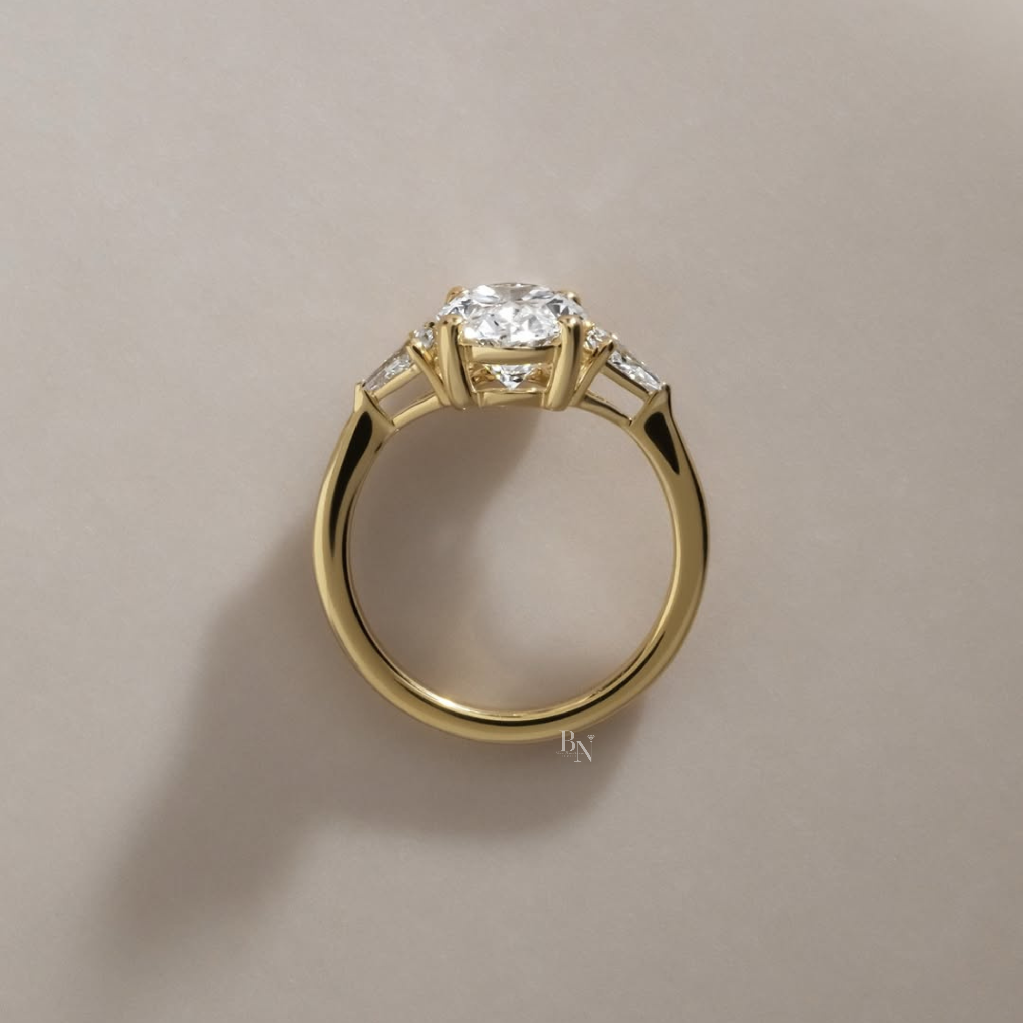 2.5ct Oval Lab Grown Diamond Engagement Ring | 14K Yellow Gold | Pear Side Stones | Three Stone Bridal Ring | (Copy)