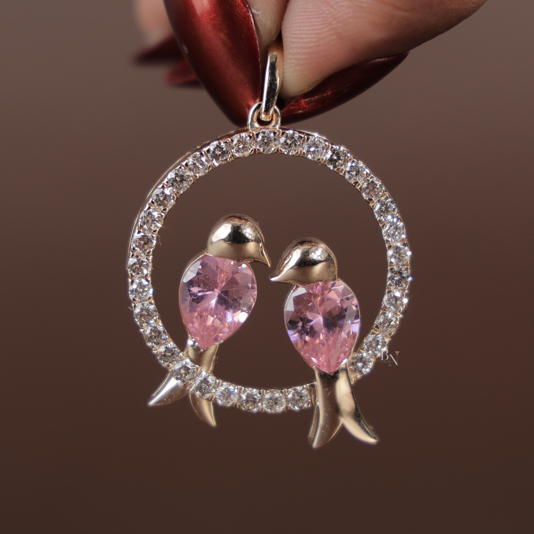 Pink Diamond Love Birds Pendant | Pear Cut Pink Lab Grown Diamond Circle 14K White Gold