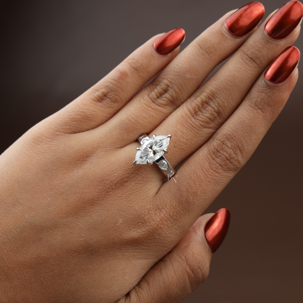 3ct Marquise Lab Grown Diamond Engagement Ring | 14K White Gold Six Prong V-Tip Solitaire | Unique Bezel Accent Band |