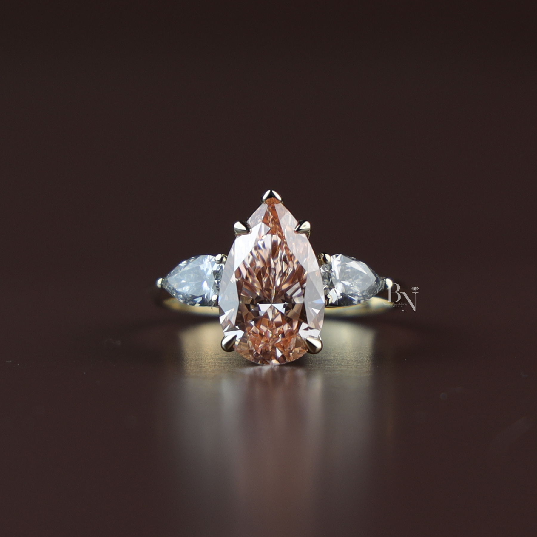 3ct Fancy Pink Pear Cut Lab Grown Diamond Engagement Ring | Three Stone Tapered Bridal 14K Yellow Gold