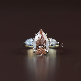 3ct Fancy Pink Pear Cut Lab Grown Diamond Engagement Ring | Three Stone Tapered Bridal 14K Yellow Gold