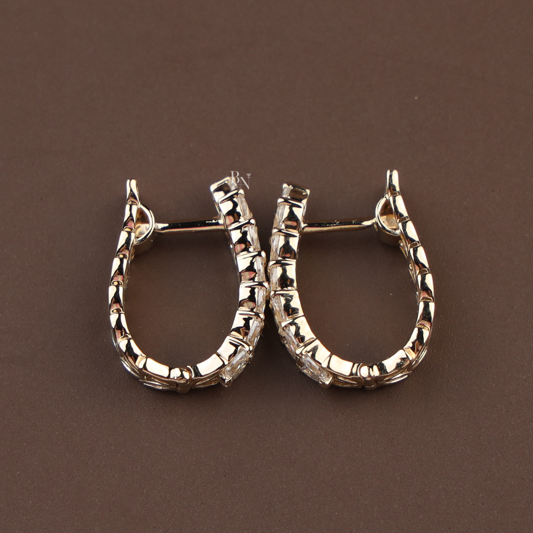 Marquise Lab Grown Diamond Vine Leaf Hoop Earrings | Huggie Hoops 14K Yellow Gold