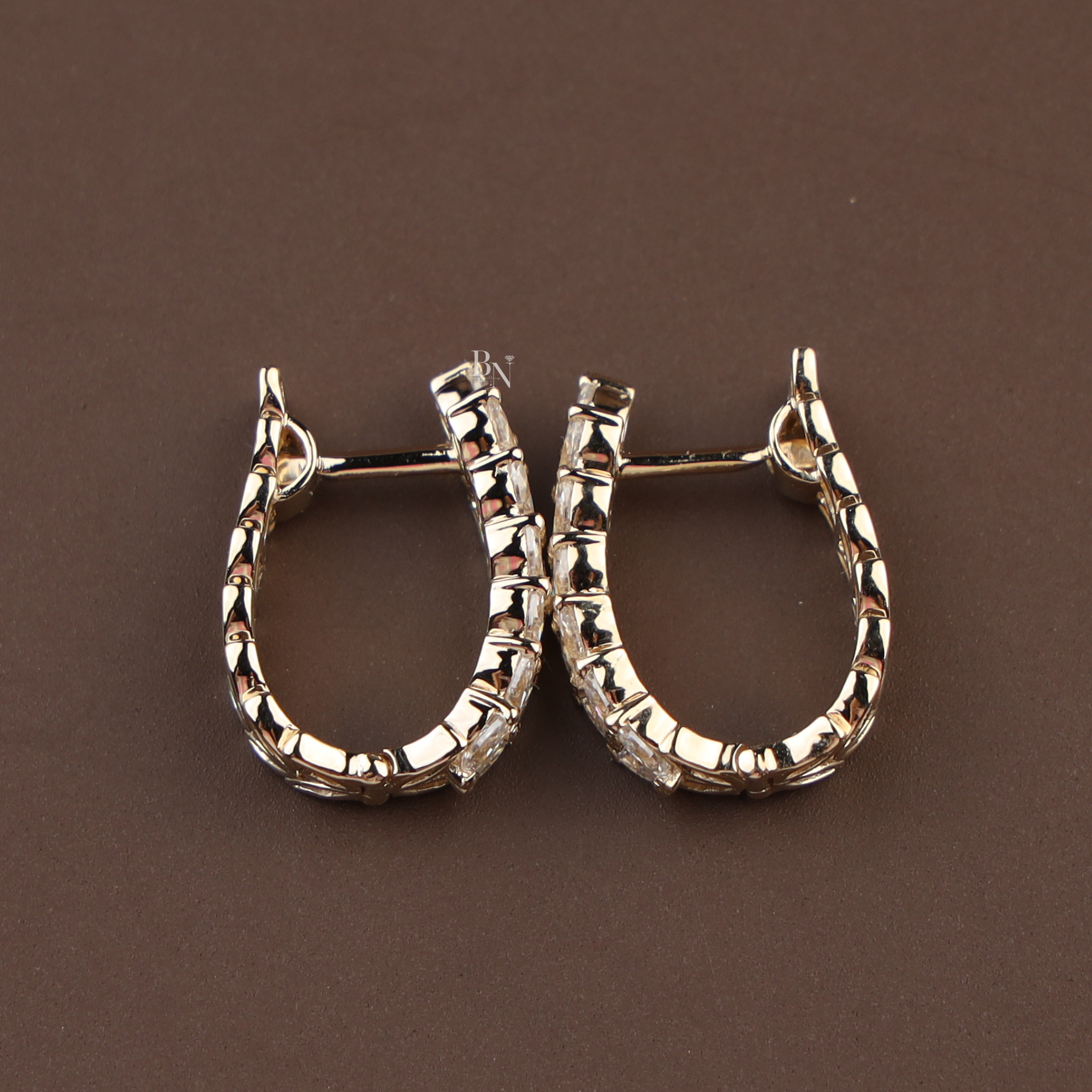 14K Yellow Gold Marquise Diamond Vine Leaf Hoop Earrings | Lab Grown Huggies