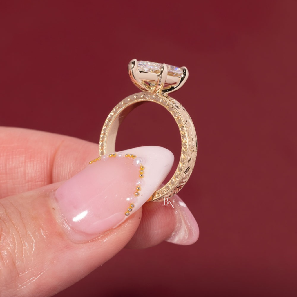 3ct Marquise Lab Grown Diamond Engagement Ring | 14K Yellow Gold | Vintage Hand Engraved Band | Art Deco Solitaire (photos of 3ct Ring)