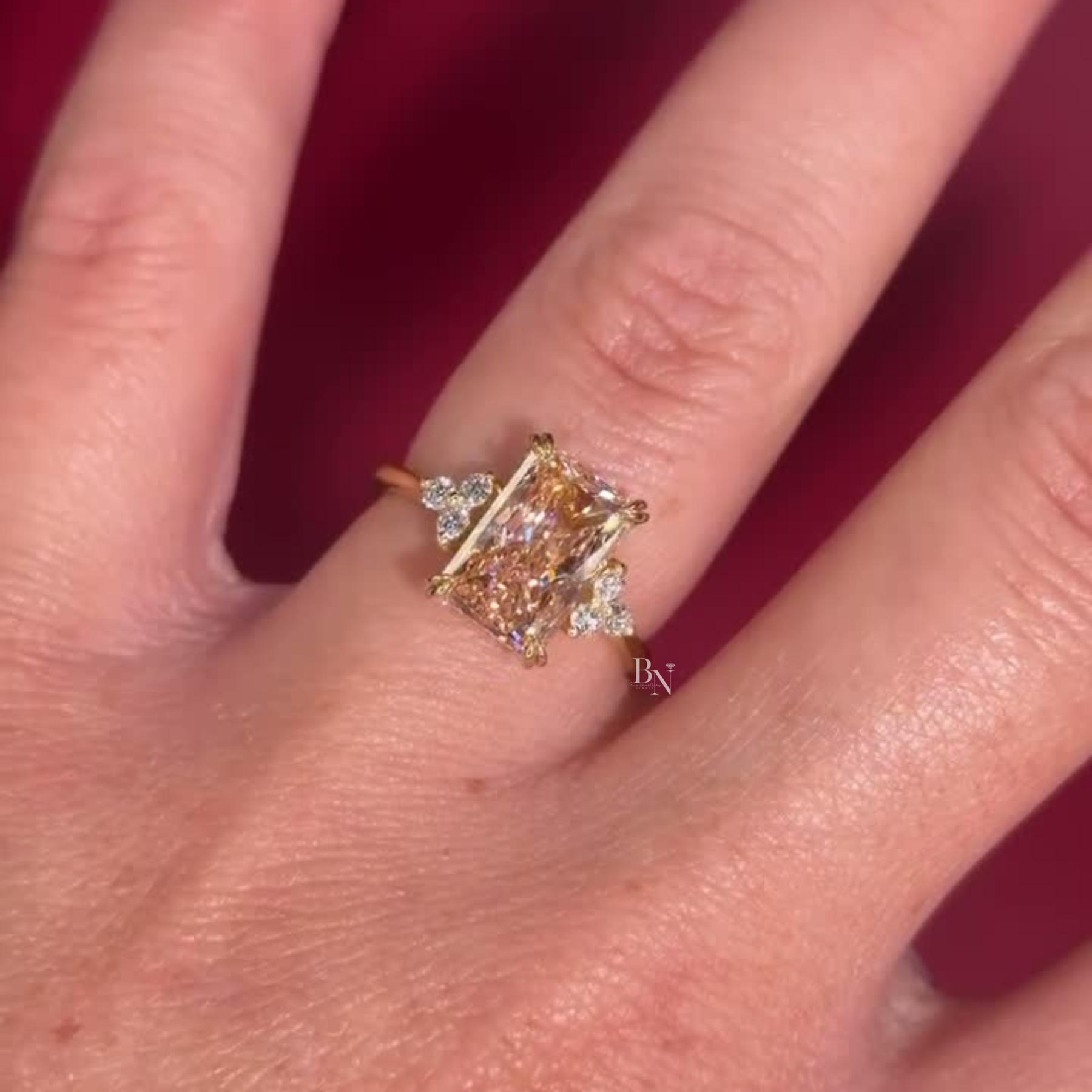 3ct Fancy Yellow Radiant Cut Lab Grown Diamond Engagement Ring | Hidden Halo Three Stone 14K Gold