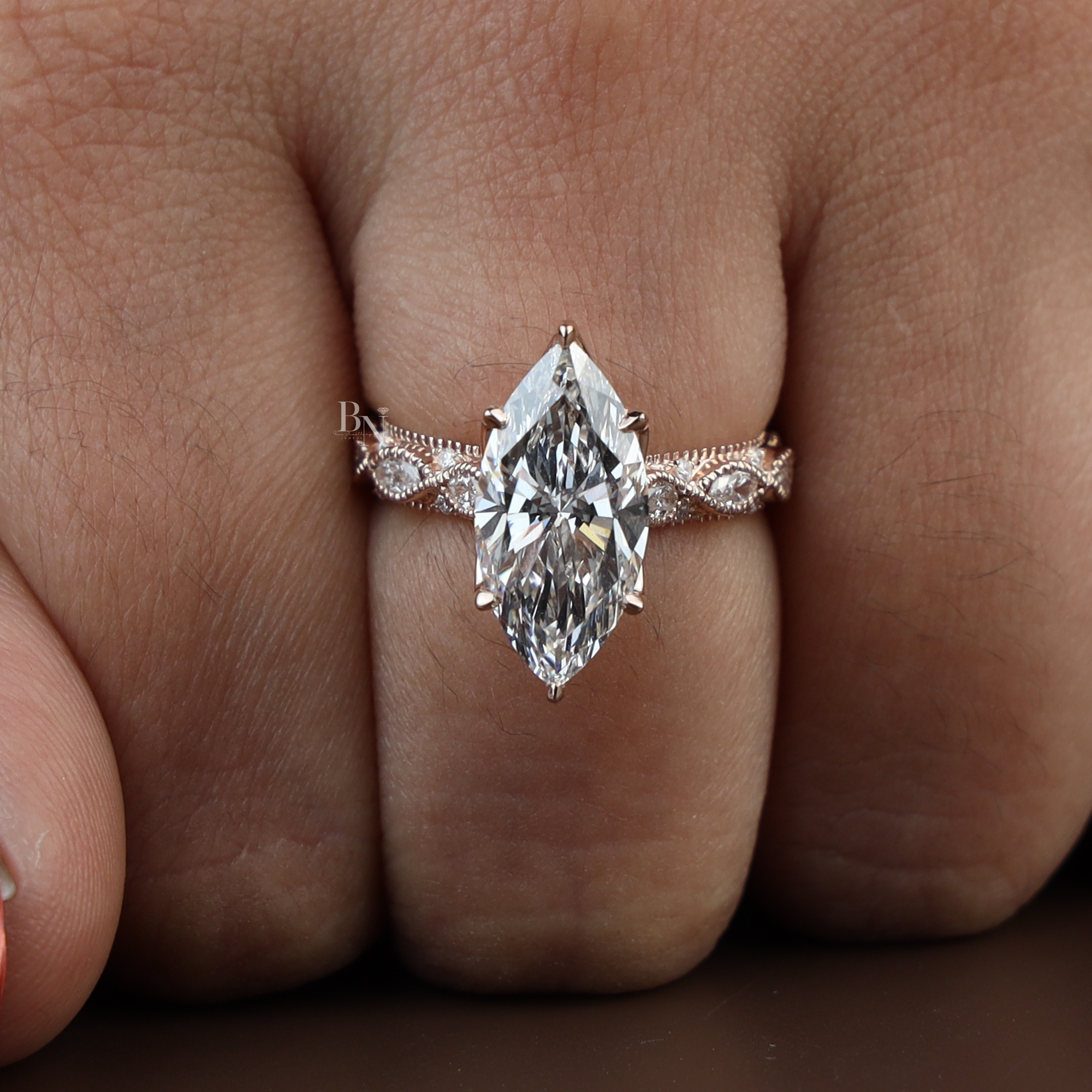 3ct Marquise Lab Grown Diamond Engagement Ring | Vintage Twisted Vine Rose Gold Band | Romantic Nature Inspired Solitaire |