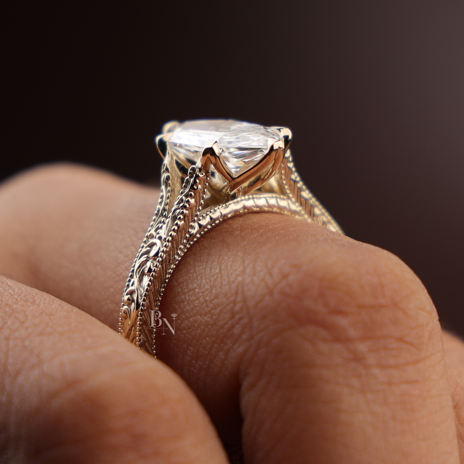 3ct Dutch Marquise Lab Grown Diamond Engagement Ring | Vintage Engraved Band 14K Yellow Gold
