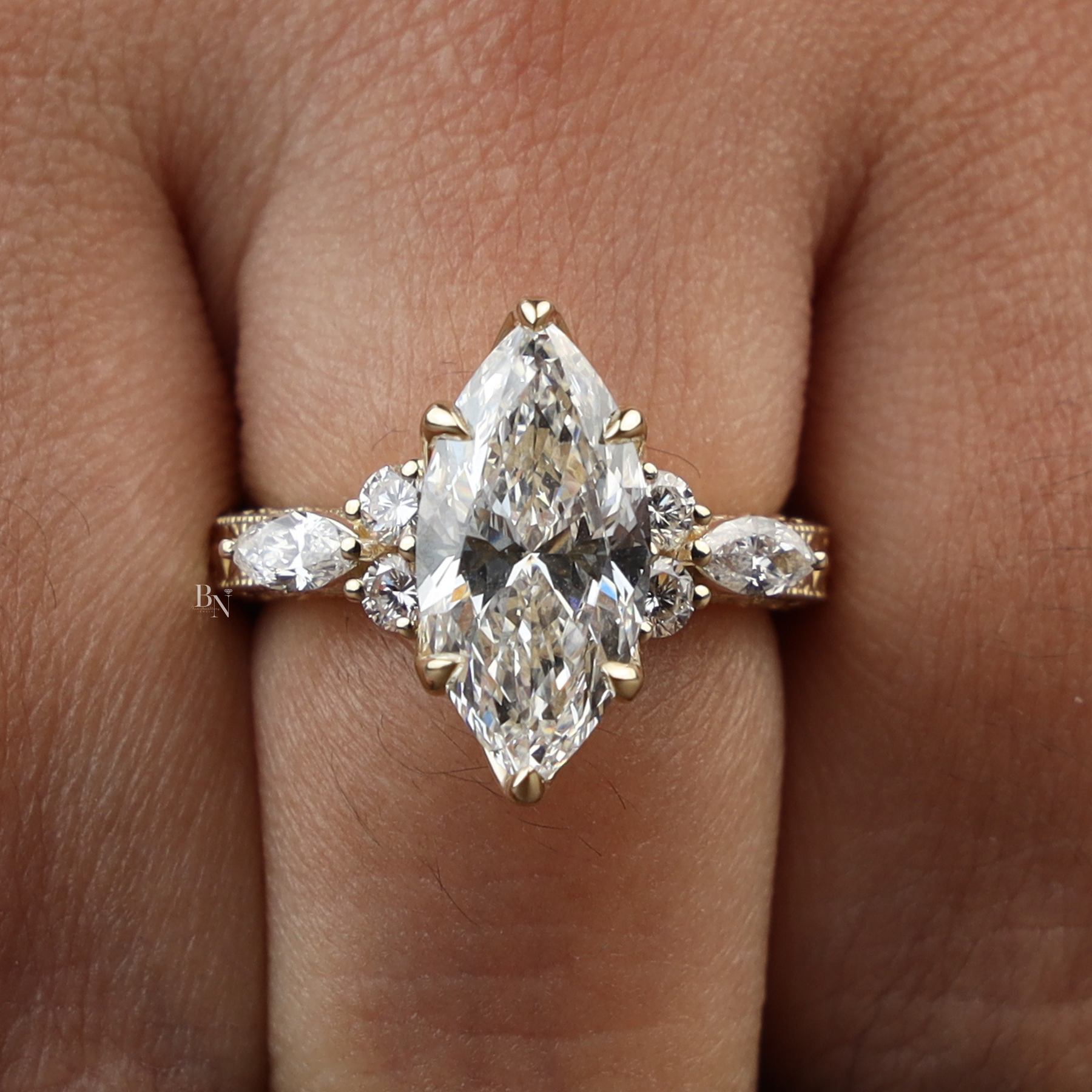 3ct Marquise Lab Grown Diamond Engagement Ring | Vintage Filigree Lotus Antique Bridal 14K Gold