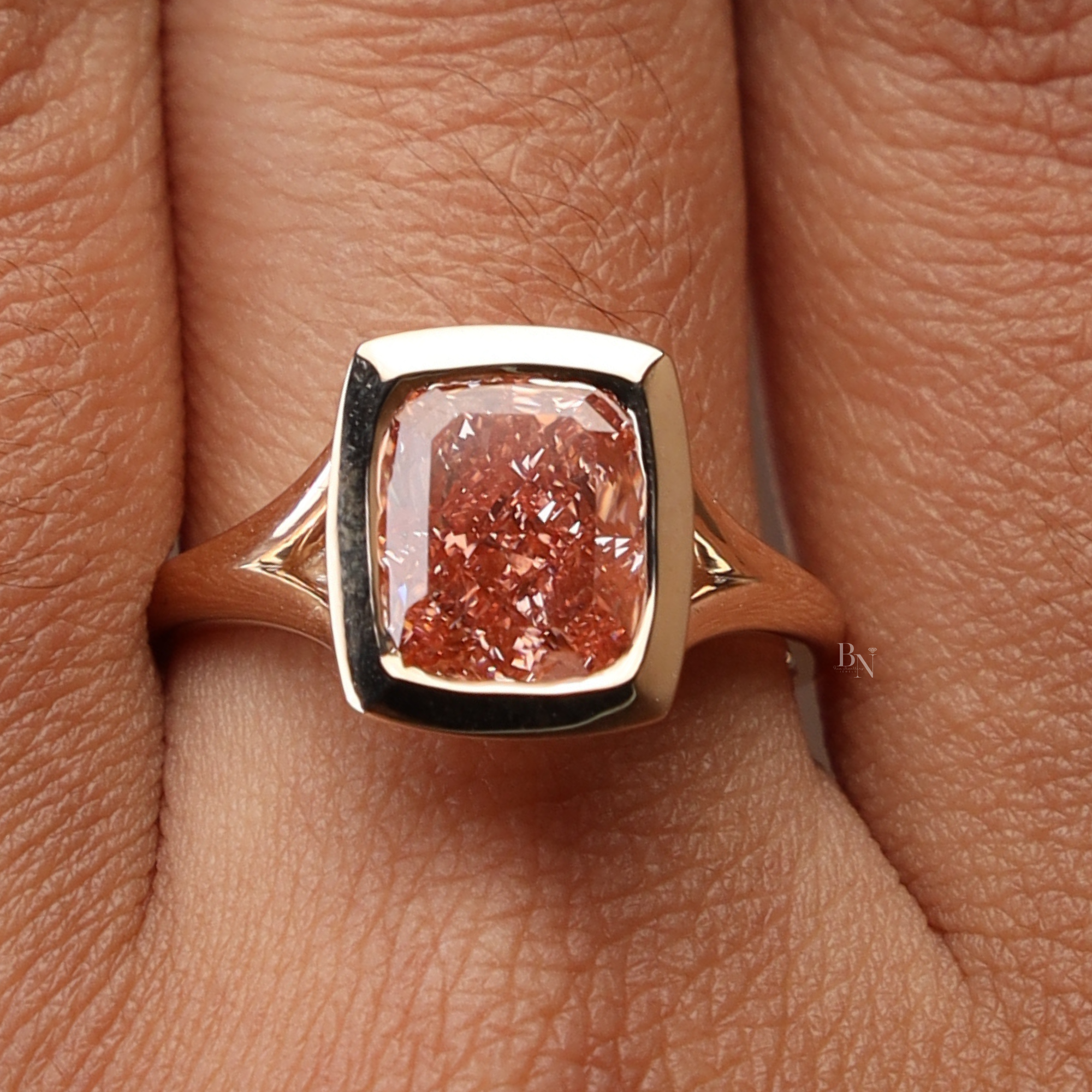 3ct Cushion Cut Fancy Pink Lab Grown Diamond Engagement Ring | 14K Solid Gold Bezel Set Solitaire | Split Shank Cathedral Bridal Ring | IGI
