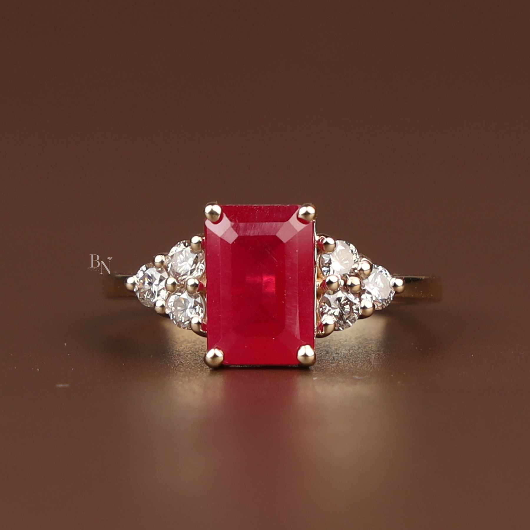 2ct Emerald Cut Red Lab Grown Diamond Engagement Ring | Hidden Halo Triple Cluster 14K Yellow Gold