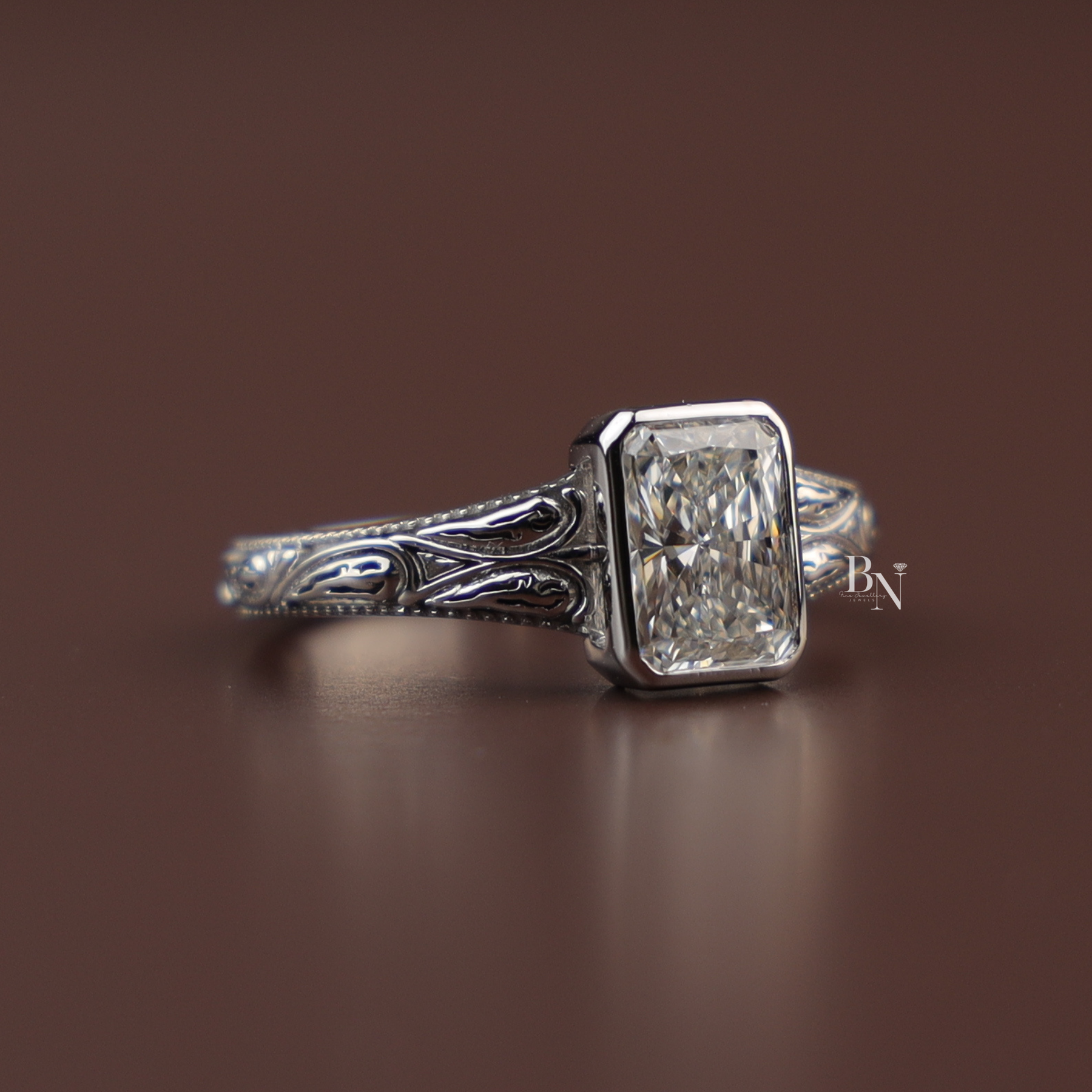 1.5ct Radiant Lab Grown Diamond Engagement Ring | Vintage Engraved Bezel Art Deco 14K Gold