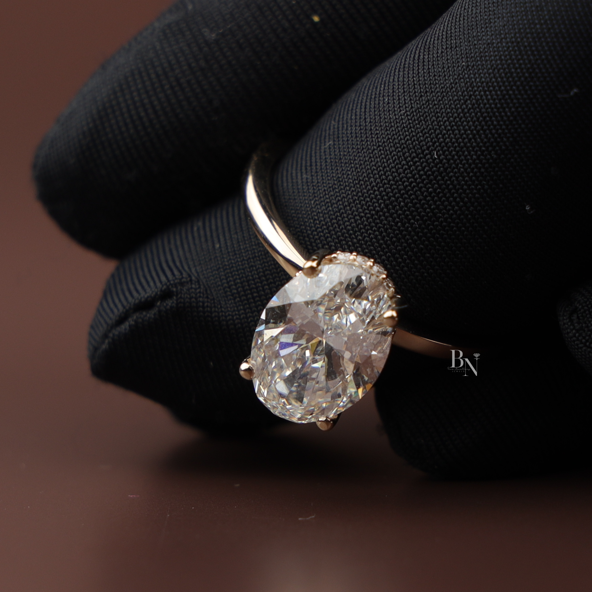 3ct Oval Lab Diamond Engagement Ring, Yellow Gold Hidden Halo Solitaire Ring, Classic Plain Band Wedding Ring, Minimalist Bridal Jewelry