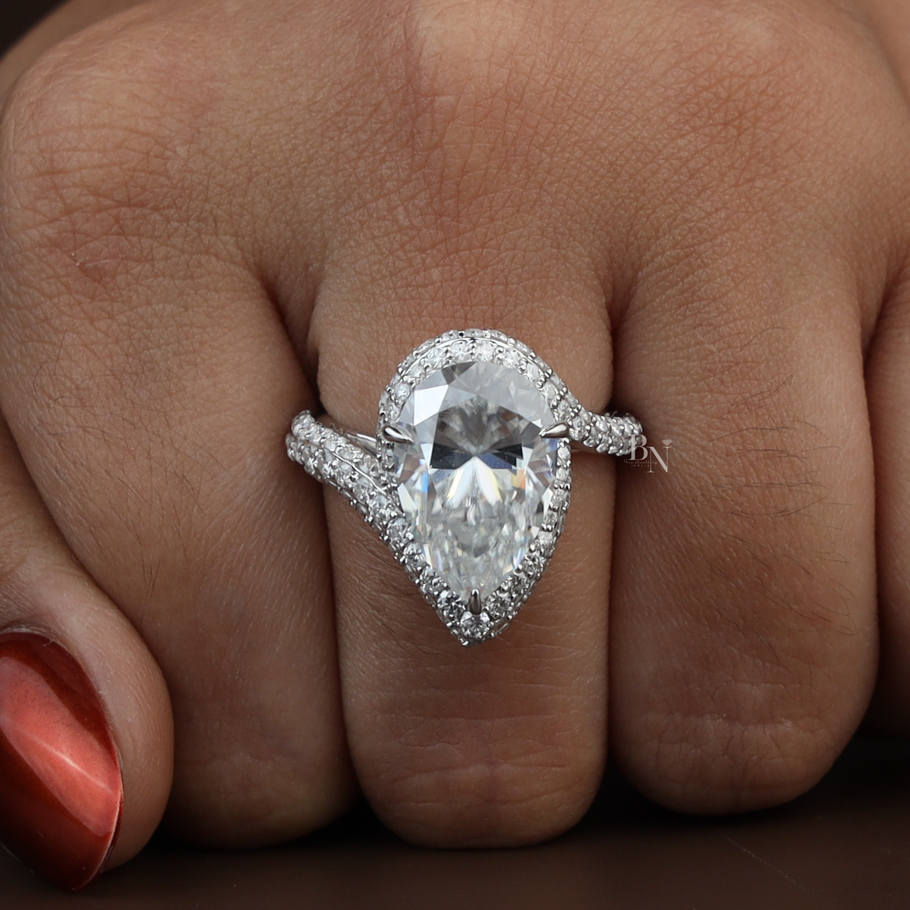 5.50ct Pear Moissanite Engagement Ring | Triple Pavé Bypass Band 14K White Gold