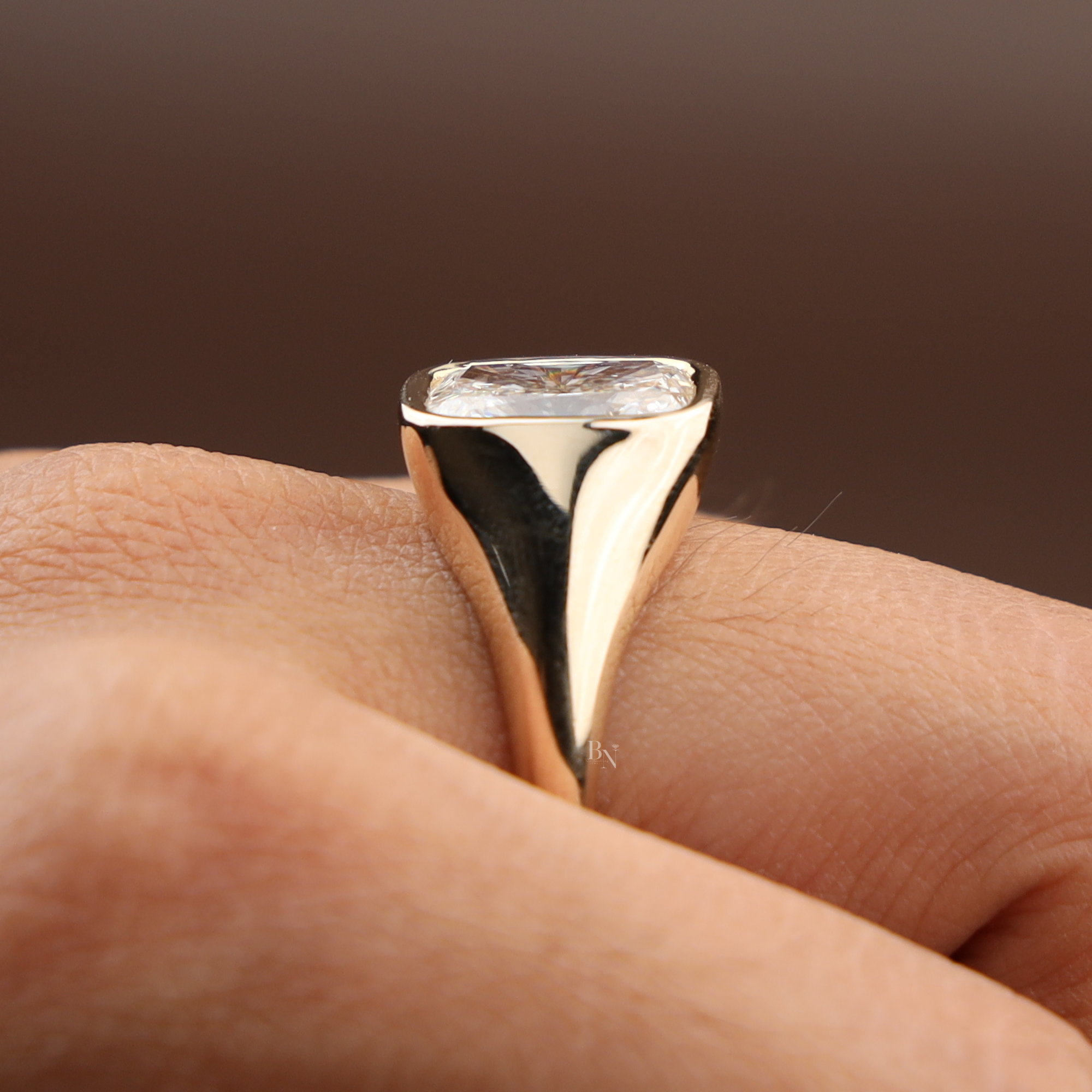 3ct Cushion Cut Lab Grown Diamond Engagement Ring | 14K Yellow Gold Bezel Set Signet Ring | IGI Certified Type IIa Diamond | Modern Bridal