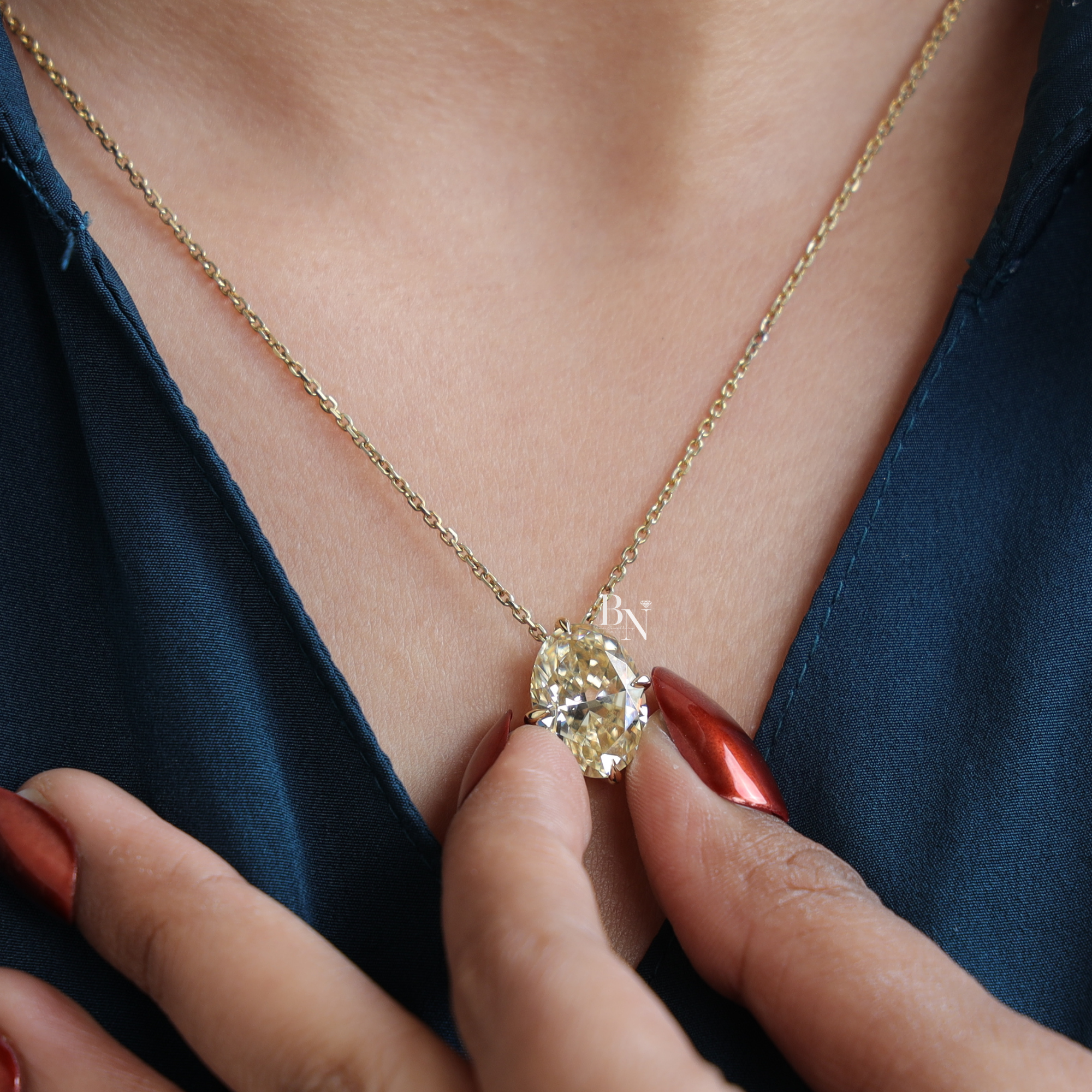 6 Carat Fancy Yellow Oval Moissanite Necklace , Yellow Gold Solitaire Pendant , Sparkling Statement Necklace