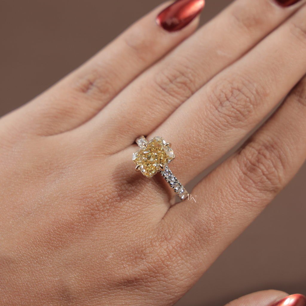3.5ct Radiant Cut Fancy Yellow Lab Grown Diamond Engagement Ring | Hidden Halo | 14K White Gold Pave Band | IGI Certified Canary Diamond