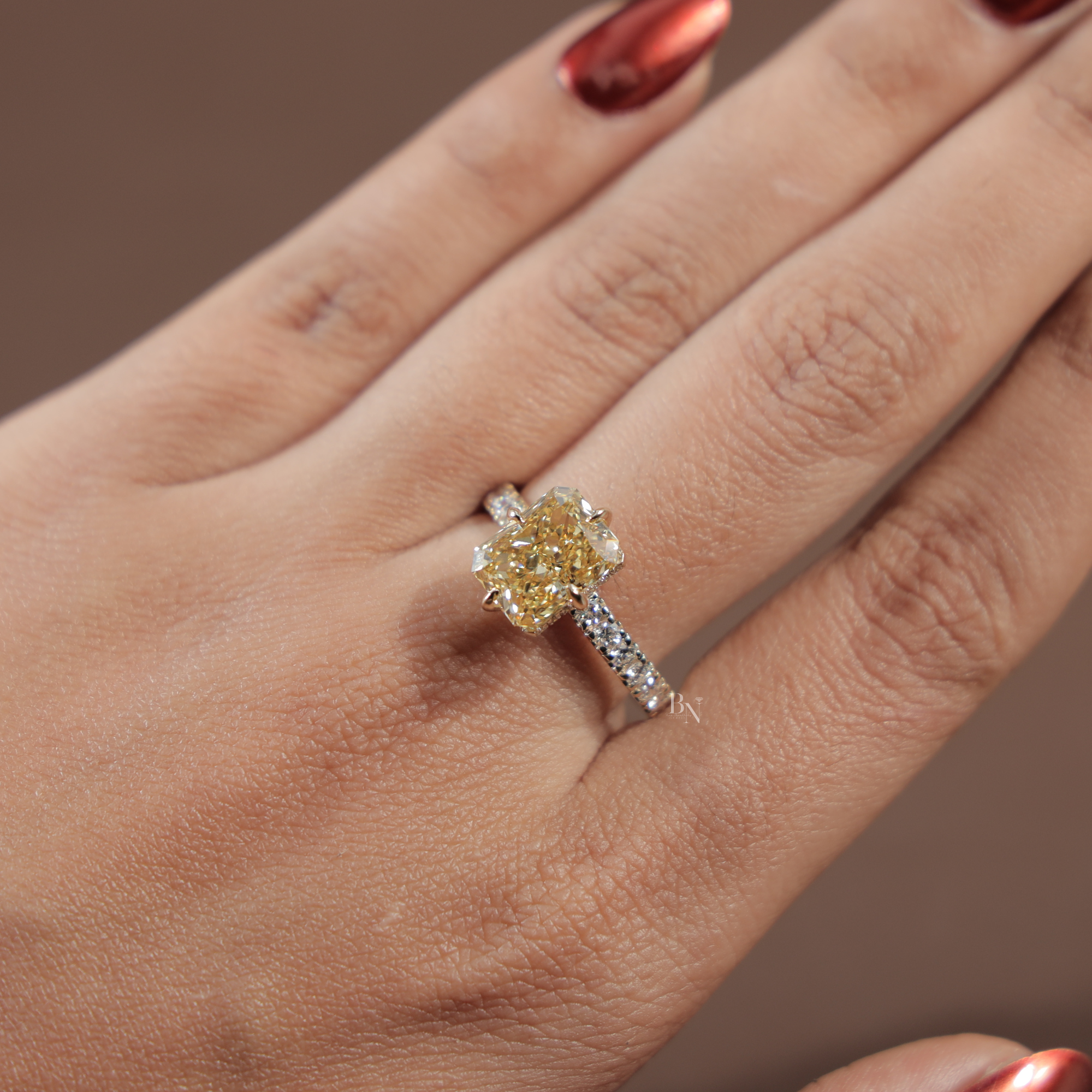 3.5ct Radiant Cut Fancy Yellow Lab Grown Diamond Engagement Ring | Hidden Halo | 14K White Gold Pave Band | IGI Certified Canary Diamond